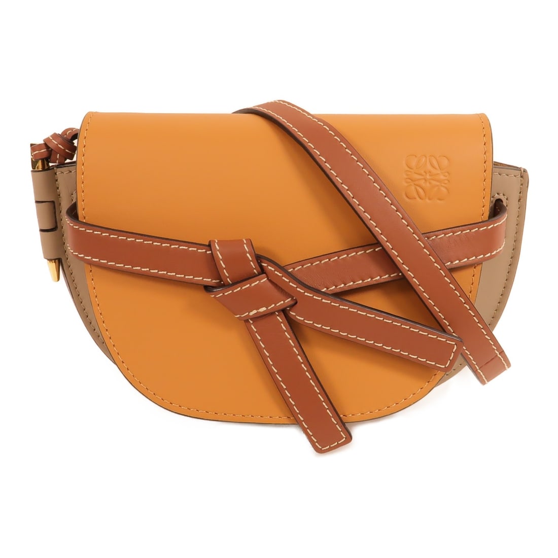 LOEWE Mini Gate Shoulder Bag Brown Gray Calfskin Leather: LOEWE Mini Gate Shoulder Bag Brown Gray Calfskin Leather Mini Gate shoulder bag in calfskin leather with a brown and gray colorway. This women's shoulder bag includes a magnetic pocket, two open inter