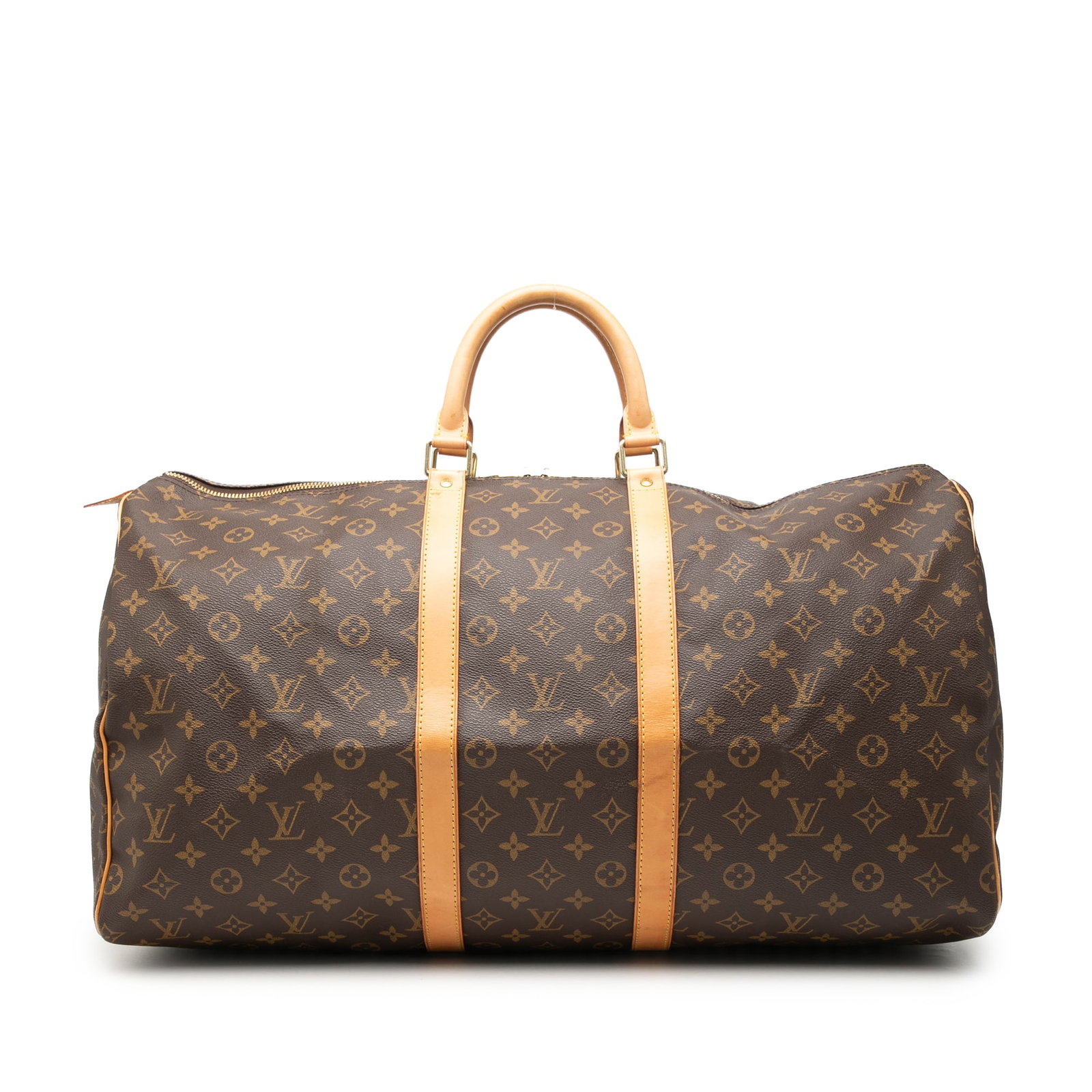 Louis Vuitton Keepall 55 Monogram Travel Bag Brown Canvas: Louis Vuitton Keepall 55 Monogram Travel Bag Brown Canvas This Louis Vuitton Monogram Keepall 55 travel bag features the brand's monogram canvas with vachetta leather trim, rolled vachetta leather han