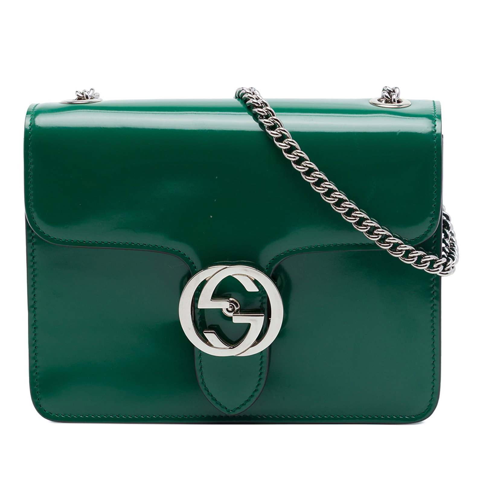Gucci Interlocking G Small Patent Leather Crossbody Bag: Gucci Interlocking G Small Patent Leather Crossbody Bag Small Gucci patent leather crossbody bag with the Interlocking G design. It features a chain link strap, a flap with GG flip-lock closure, and a