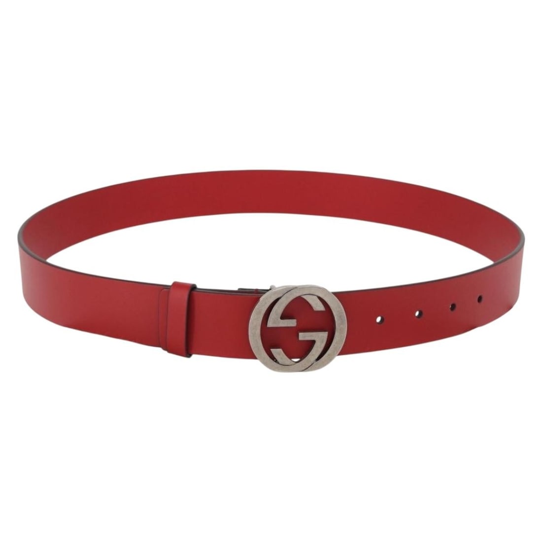 GUCCI 546389 Interlocking G Leather Belt Red Silver Tone 42.9in: GUCCI 546389 Interlocking G Leather Belt Red Silver Tone 42.9in Gucci Interlocking G belt in red leather with silver-tone detailing. Made in Italy, this women's belt includes a dust bag. Condition is 