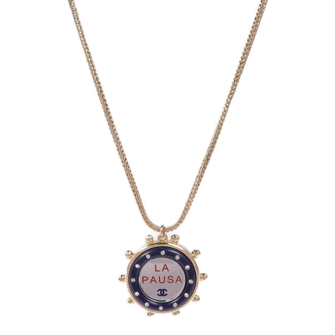 CHANEL CC Logo Necklace Gold Silver Tone Navy: CHANEL CC Logo Necklace Gold Silver Tone Navy CHANEL CC necklace in gold, silver, and navy metal. The necklace has a neck rotation of 58 cm and a motif measuring 33 mm x 33 mm. It is marked with date 