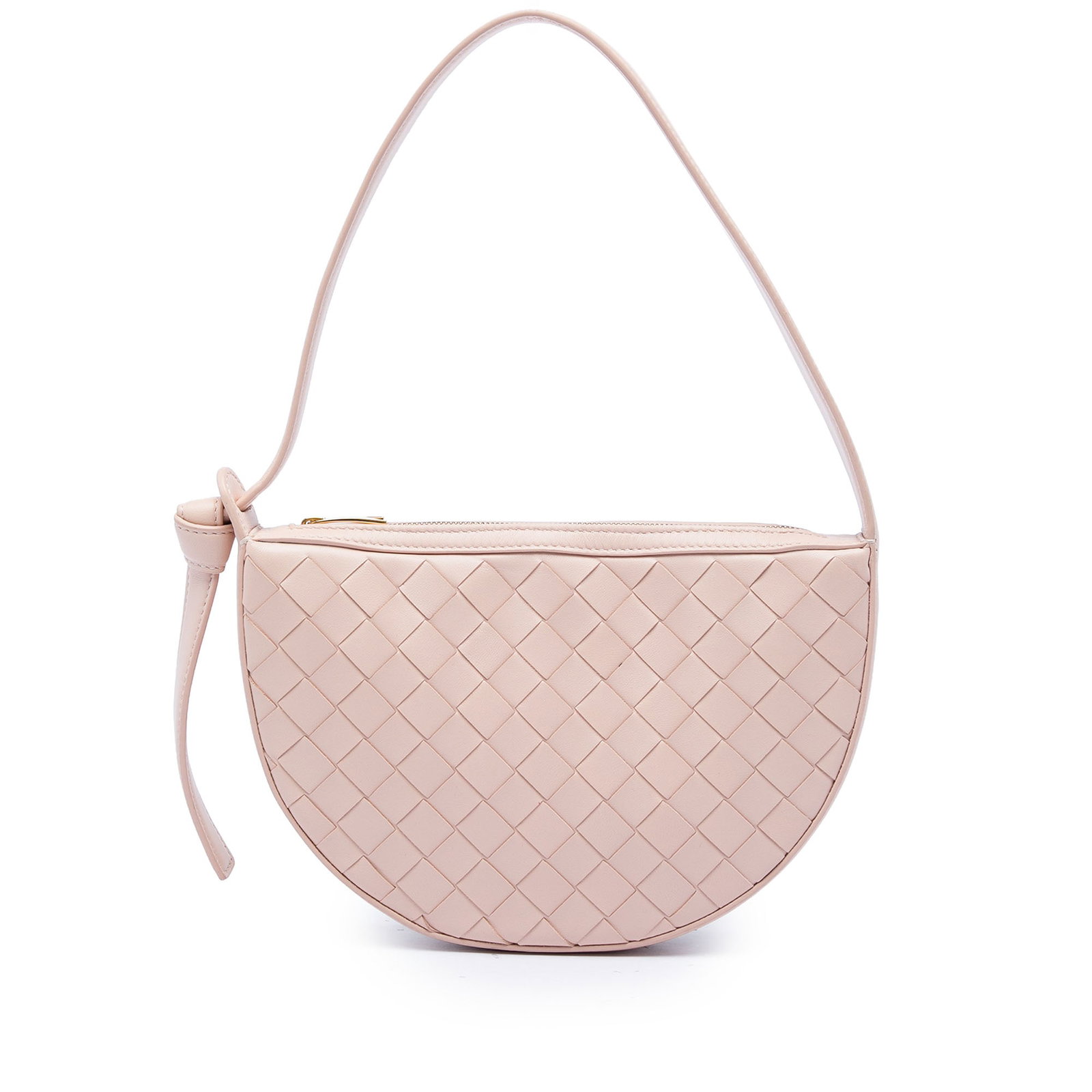 Bottega Veneta Intrecciato Sunrise Mini Pink Leather Shoulder Bag: Bottega Veneta Intrecciato Sunrise Mini Pink Leather Shoulder Bag Bottega Veneta Mini Intrecciato Sunrise hobo shoulder bag crafted in pink woven leather. This bag features a flat leather strap, top z
