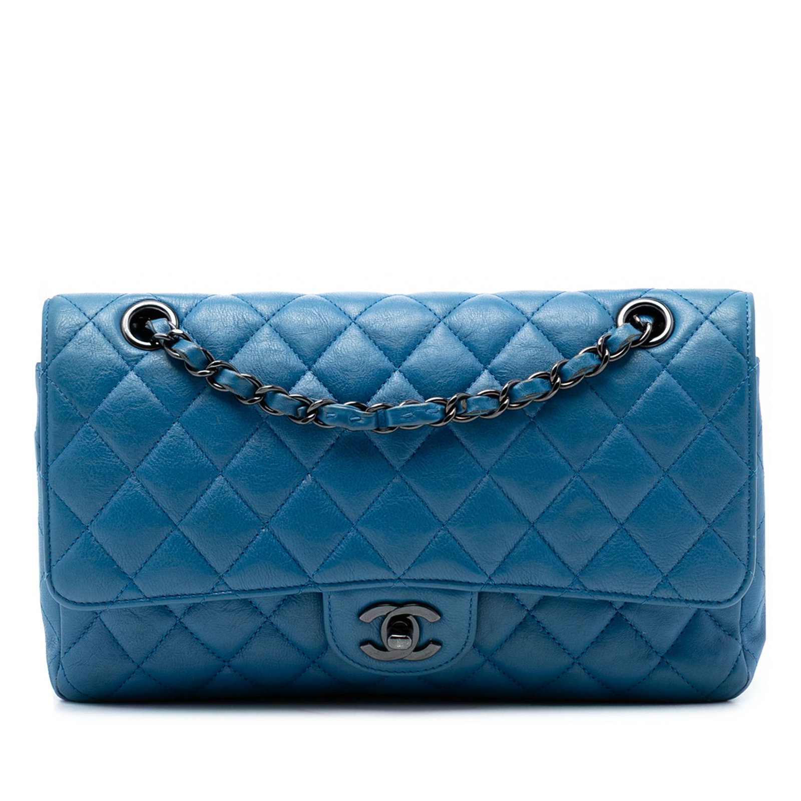 Blue Chanel Medium Double Flap Quilted Calfskin Shoulder Bag: Blue Chanel Medium Double Flap Quilted Calfskin Shoulder Bag This Chanel Medium Classic Double Flap shoulder bag is crafted from quilted blue calfskin leather and features a signature leather-woven ch