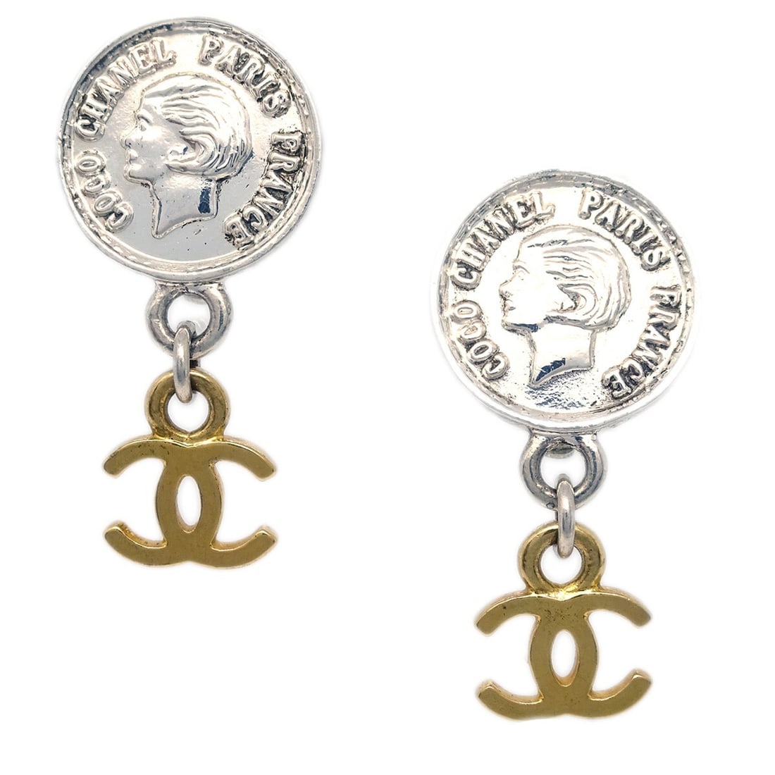 Chanel 97P Clip On Dangle Earrings Gold and Silver Tone: Chanel 97P Clip On Dangle Earrings Gold and Silver Tone Chanel medallion dangle earrings with a gold and silver-tone finish and clip-on closure. Marked 97P, this pair is made in France and features a 