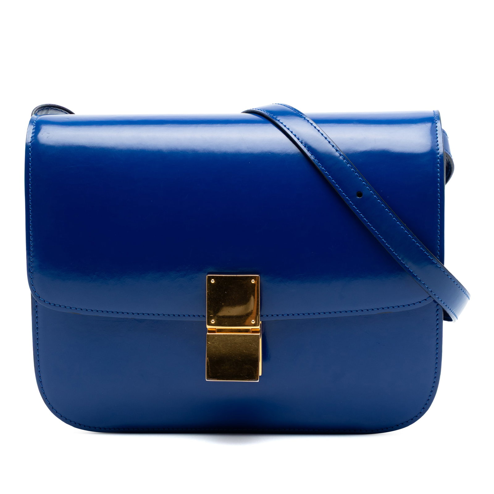 Celine Medium Classic Box Blue Leather Crossbody Bag: Celine Medium Classic Box Blue Leather Crossbody Bag Celine Medium Calfskin Classic Box crossbody bag with a leather body, flat leather strap, front flap, push-lock closure, and interior slip and zip 