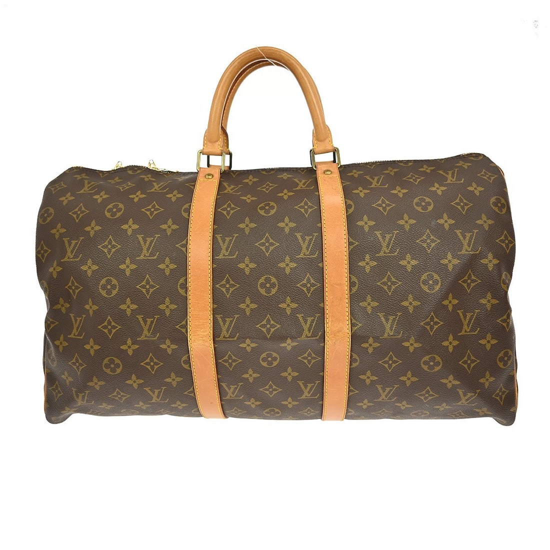 Louis Vuitton Monogram Canvas Keepall 50 Duffle Bag Brown: Louis Vuitton Monogram Canvas Keepall 50 Duffle Bag Brown This pre-owned Louis Vuitton Keepall 50 duffle bag features the iconic monogram canvas in brown, designed for unisex use. The bag shows signs 