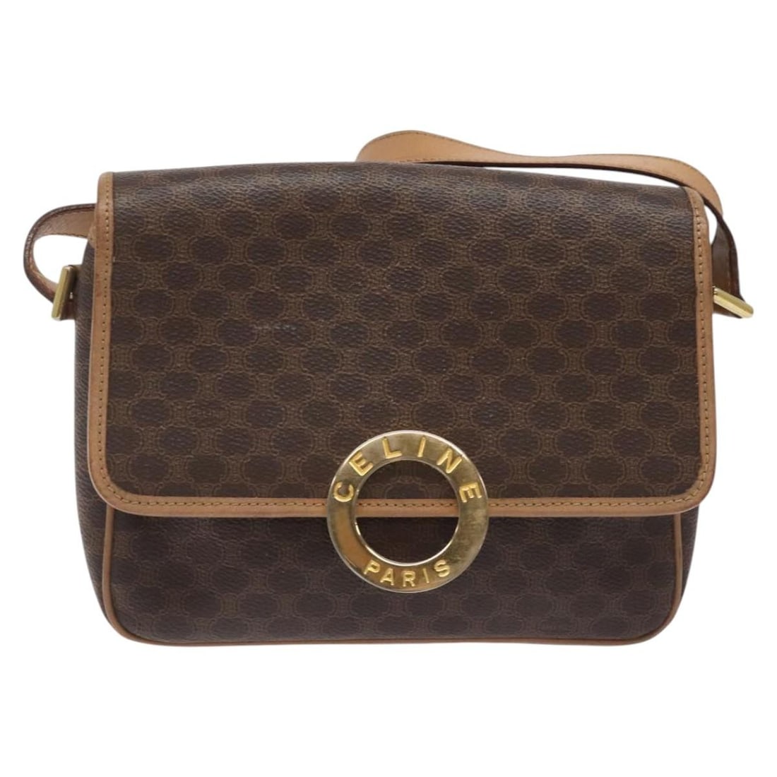 Celine Vintage Macadam Circle Logo Shoulder Bag Canvas Leather Brown: Celine Vintage Macadam Circle Logo Shoulder Bag Canvas Leather Brown This Celine Vintage Macadam Circle Logo Shoulder Bag features a classic unisex design in brown canvas with leather accents. The bag