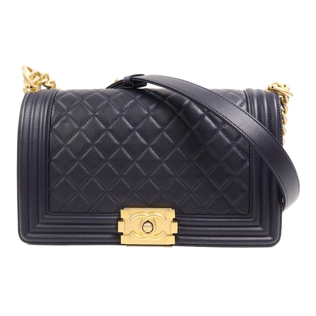 CHANEL Boy 25 Lambskin Chain Shoulder Bag Blue GHW: CHANEL Boy 25 Lambskin Chain Shoulder Bag Blue GHW CHANEL Boy 25 chain shoulder bag in lambskin (sheep leather) with a turn lock closure. The bag is presented in blue and comes with storage bags and a