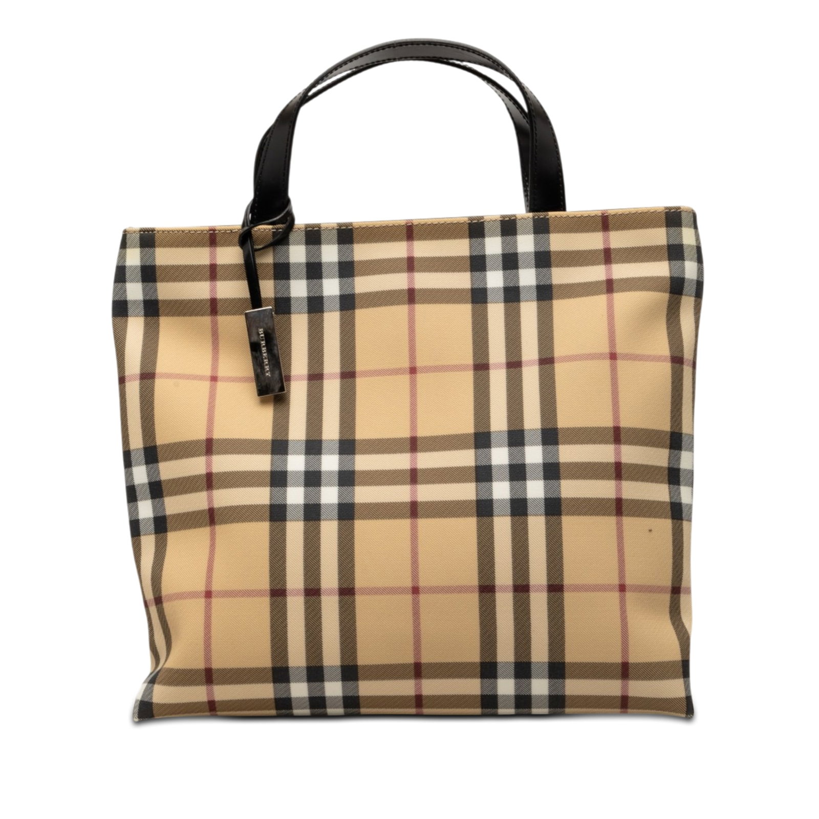 Burberry House Check Tote in Coated Canvas: Burberry House Check Tote in Coated Canvas Burberry House Check tote crafted with a coated canvas body and flat leather handles. The bag features an open top with a magnetic snap closure and an interi