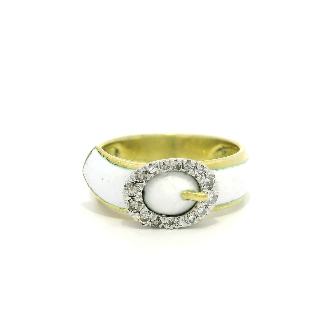 Antique 17-18K Gold Diamond Enamel Buckle Band Ring 0.22ctw: Antique 17-18K Gold Diamond Enamel Buckle Band Ring 0.22ctw This exquisite antique two-tone gold buckle band ring features a stunning design complemented by 16 natural genuine diamonds totaling approx