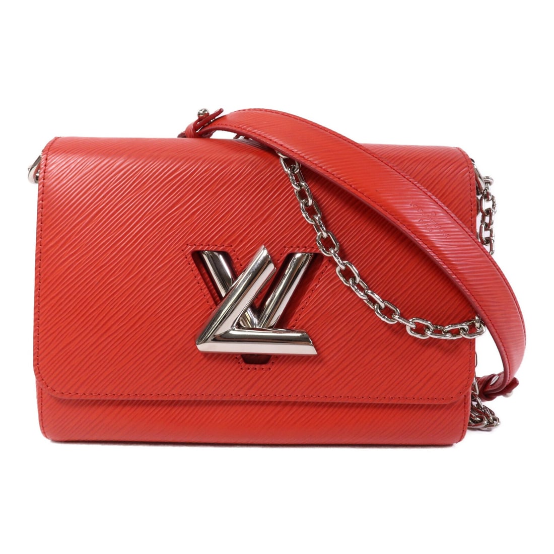 Louis Vuitton Twist MM Red Epi Leather Chain Shoulder Bag M50523: Louis Vuitton Twist MM Red Epi Leather Chain Shoulder Bag M50523 Louis Vuitton LV Twist MM Chain Shoulder Bag, model M50523, in red Epi and calfskin (cowhide). This women's shoulder bag has a turn-loc