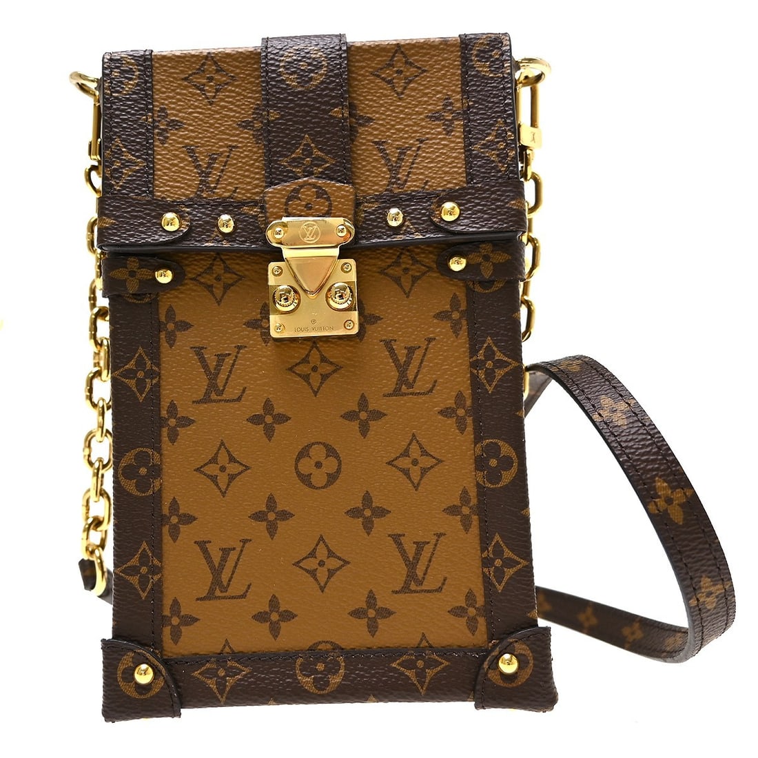 Louis Vuitton Monogram Pochette Trunk Vertical Mini Shoulder Bag M67873: Louis Vuitton Monogram Pochette Trunk Vertical Mini Shoulder Bag M67873 Louis Vuitton Reverse Pochette Trunk Shoulder Bag in brown and black Monogram Canvas with leather lining and logo accent. It fea