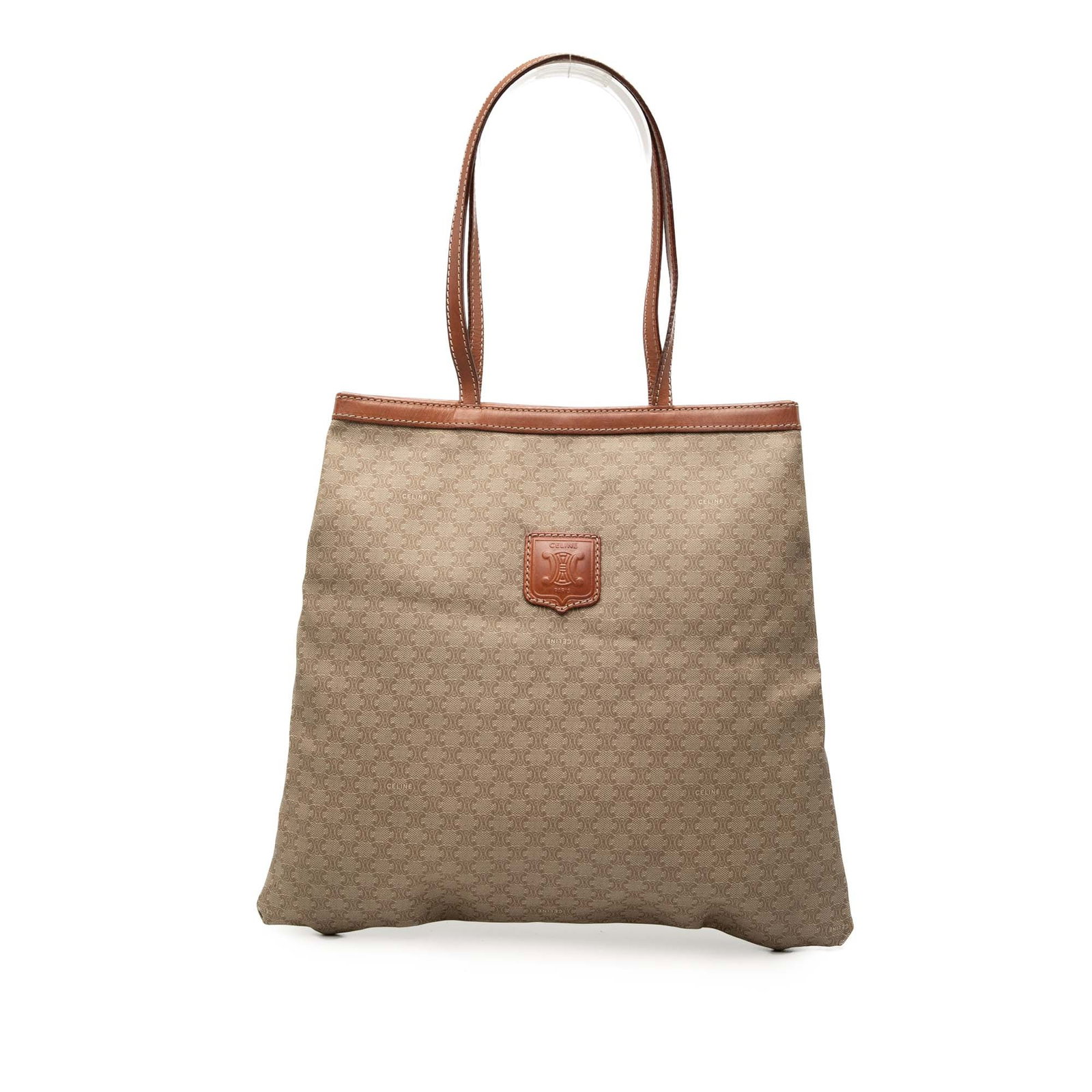 Celine Macadam Tote Bag in Beige Coated Canvas: Celine Macadam Tote Bag in Beige Coated Canvas This tote bag is made with a coated canvas body and leather trim, and it features flat leather shoulder straps with an open top and snap button closure. 