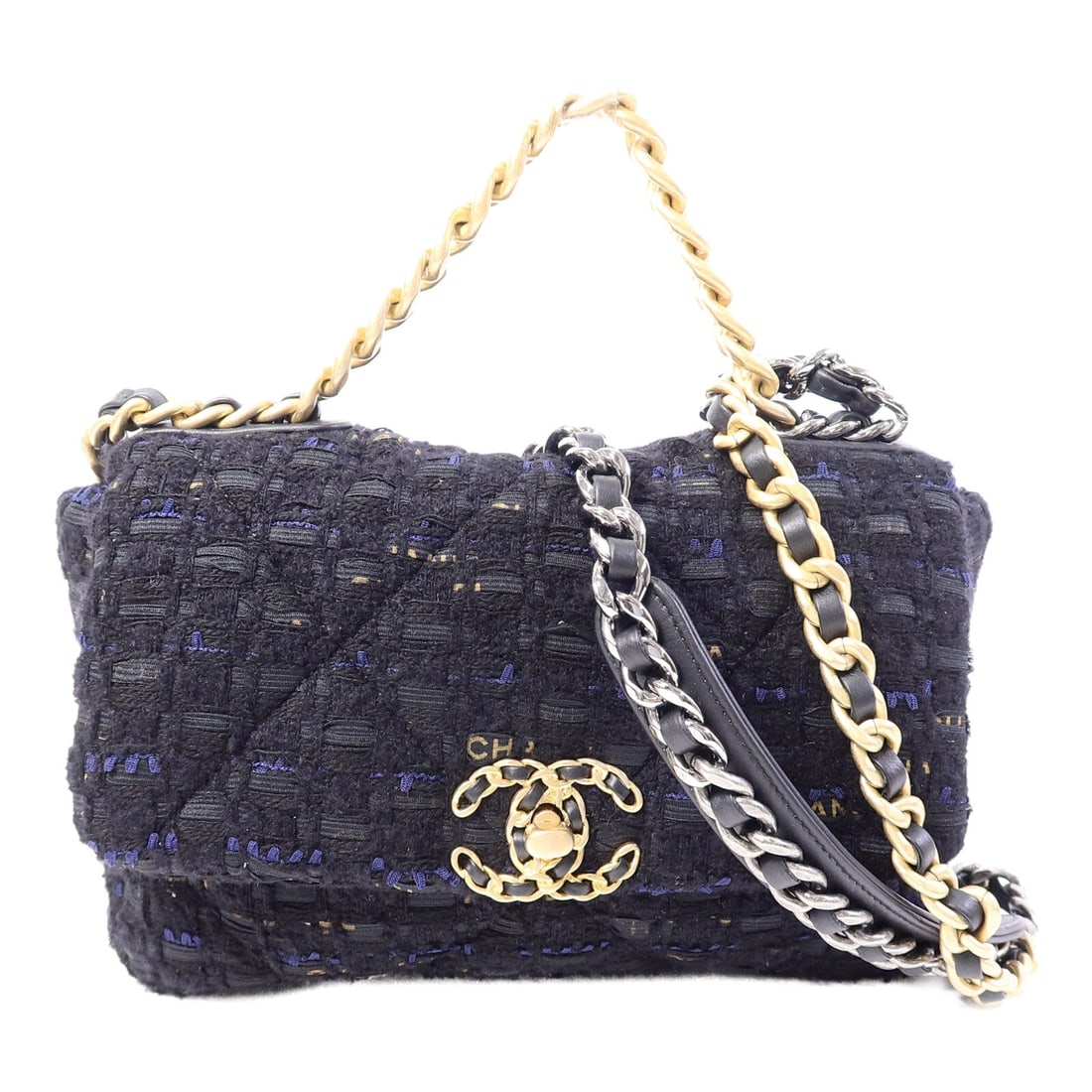 CHANEL Chanel 19 Tweed 2 Way Shoulder Bag AS1160B Black: CHANEL Chanel 19 Tweed 2 Way Shoulder Bag AS1160B Black CHANEL 19 2 Way Shoulder Bag in black tweed with gold-tone CC hardware. This regular-size women's bag features a 2-way shoulder bag style, turn 