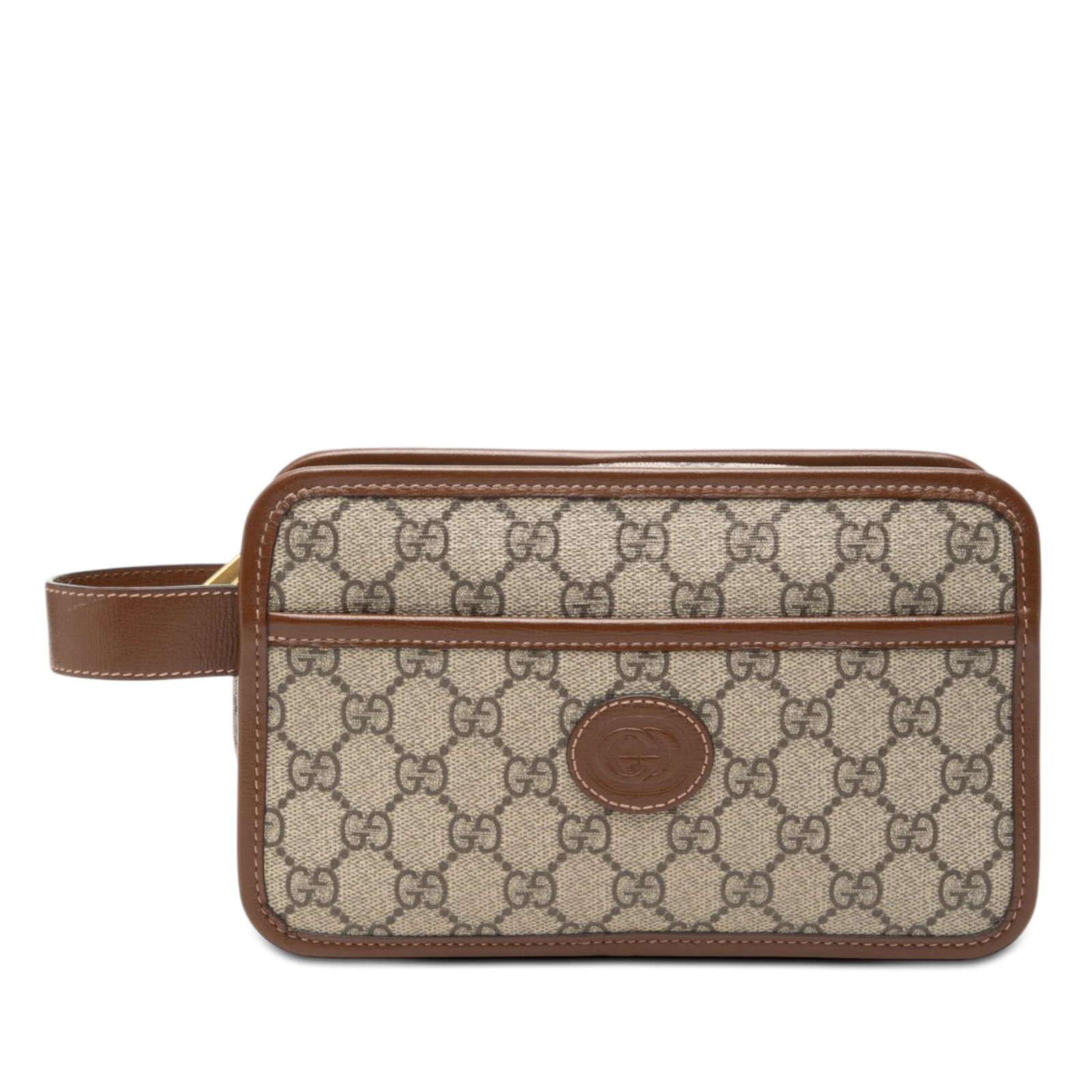Gucci GG Supreme wristlet clutch with Interlocking G: Gucci GG Supreme wristlet clutch with Interlocking G Gucci GG Supreme Interlocking G clutch in beige with a coated canvas body, leather trim, a flat leather wrist strap, top zip closure, and an exteri
