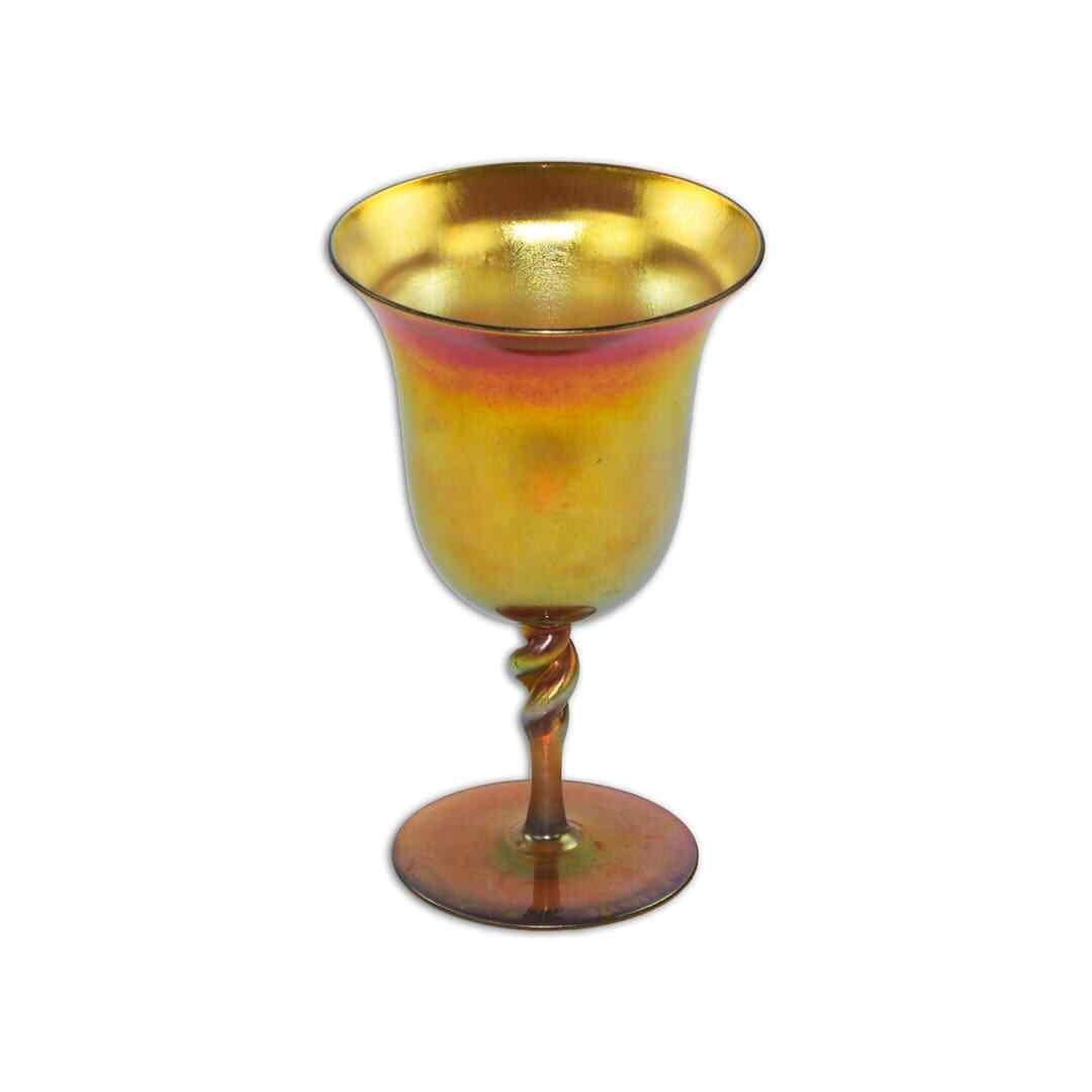 Steuben Aurene gold art glass wine goblet: Steuben Aurene gold art glass wine goblet This is a Steuben Gold Aurene large wine glass crafted in art glass with a striking gold finish. The piece is signed and marked "Steuben Aurene 2361." Made in