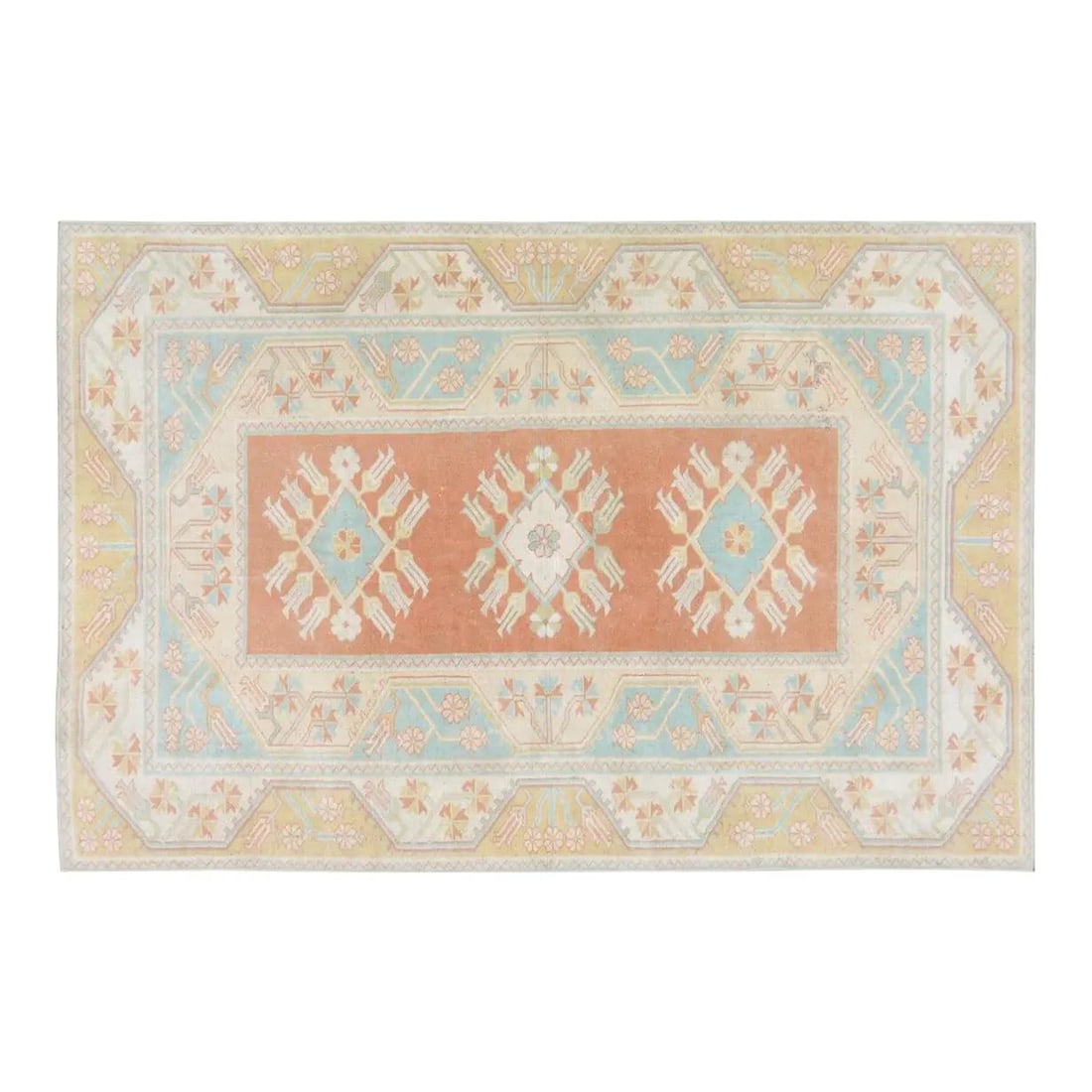 Salmon Wool Hand Knotted Anatolian Rug 5'X7'6" Vintage Turkish Carpet: Salmon Wool Hand Knotted Anatolian Rug 5'X7'6" Vintage Turkish Carpet This vintage Turkish Anatolian rug features a hand-knotted wool construction and natural colors. The rug displays a salmon hue and