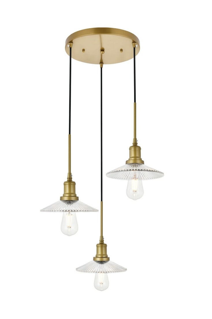 Waltz 3 Light Brass Glass Pendant Chandelier: Waltz 3 Light Brass Glass Pendant Chandelier This modern pendant chandelier features a brass finish with clear cone-shaped glass shades, offering a contemporary look suitable for dining rooms, kitchen
