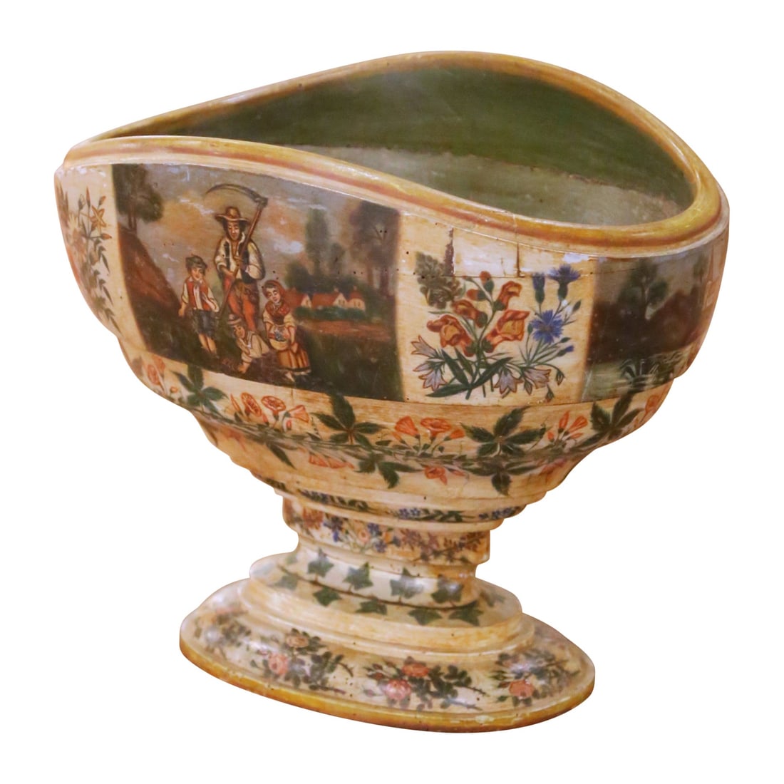 Antique Italian Elm Pedestal Bowl Hand Painted Country Style (1 of 10)
