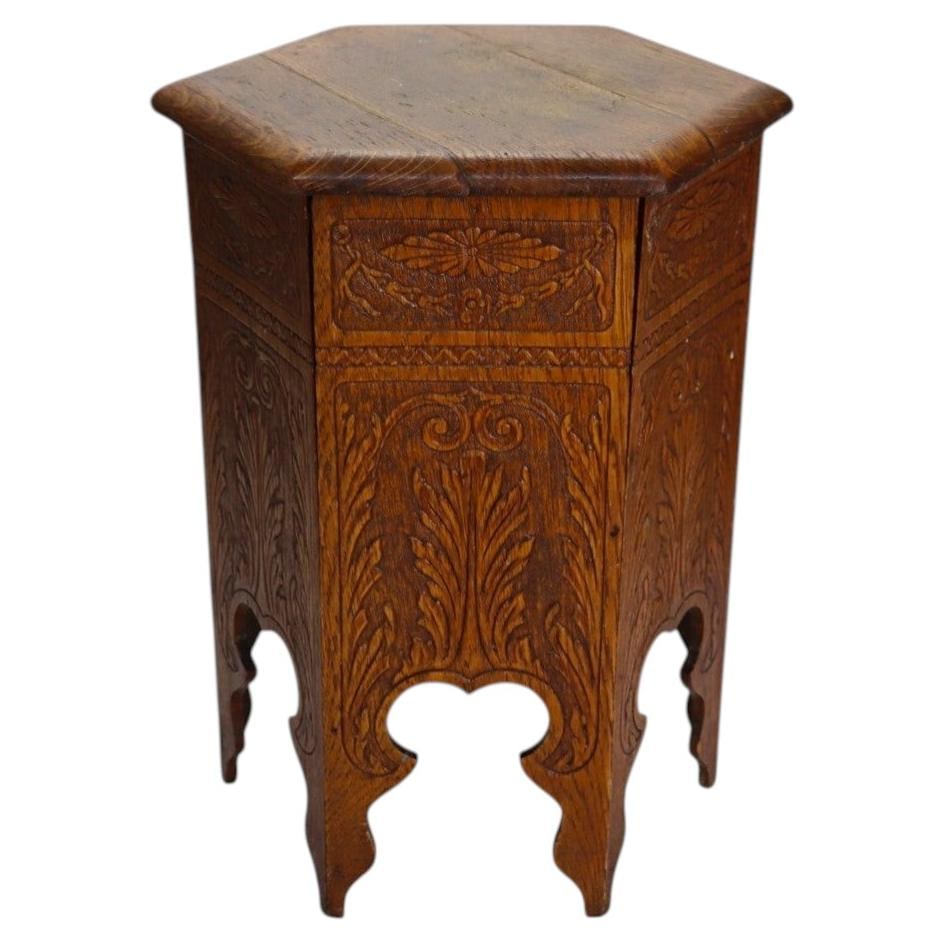 c1920 Oak Hexagonal Tabouret with Floral Foliate Carving (1 of 9)
