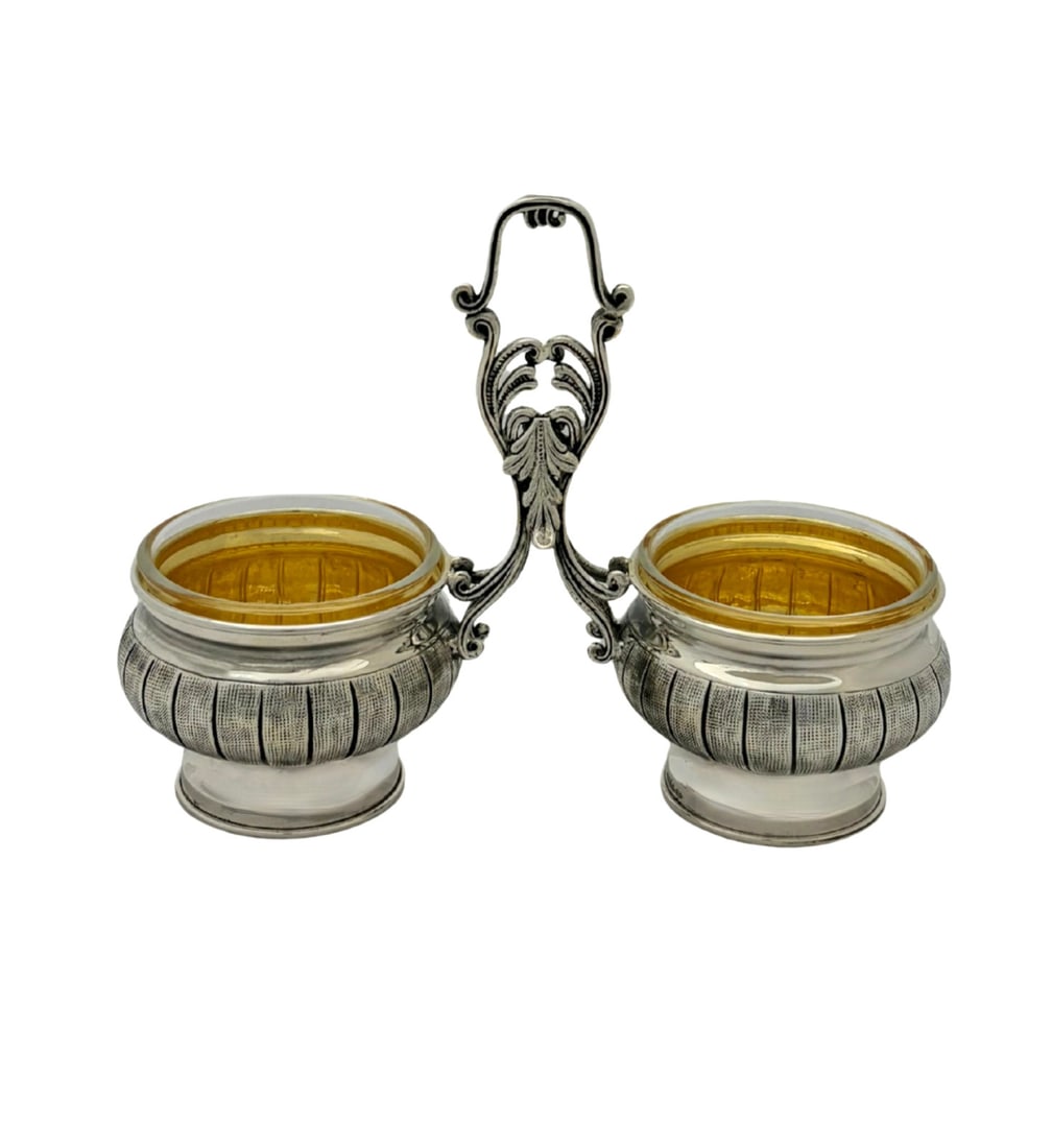 925 Sterling Silver Double Salt Holder with Glass Inserts Handmade Ornate (1 of 3)