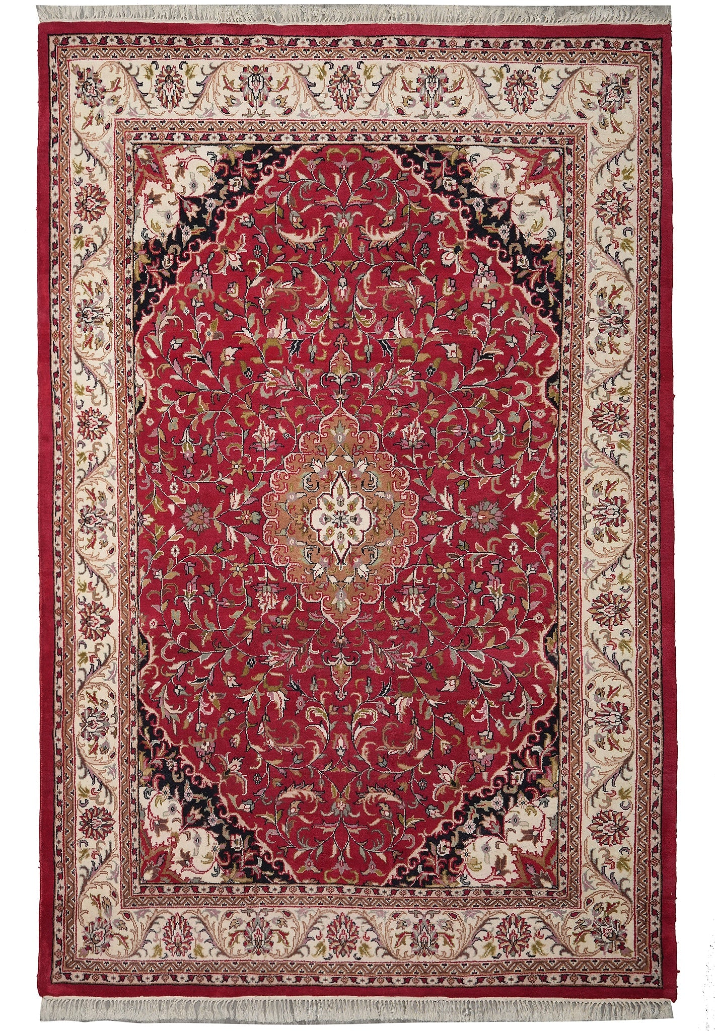 6.7 x 9.5 Hand-Knotted Jaipur Kashan Wool Rug: 6.7 x 9.5 Hand-Knotted Jaipur Kashan Wool Rug Free continental US Shipping Hand-knotted Jaipur Kashan rug featuring a Persian antique-inspired floral design. The deep red field is detailed with palmet