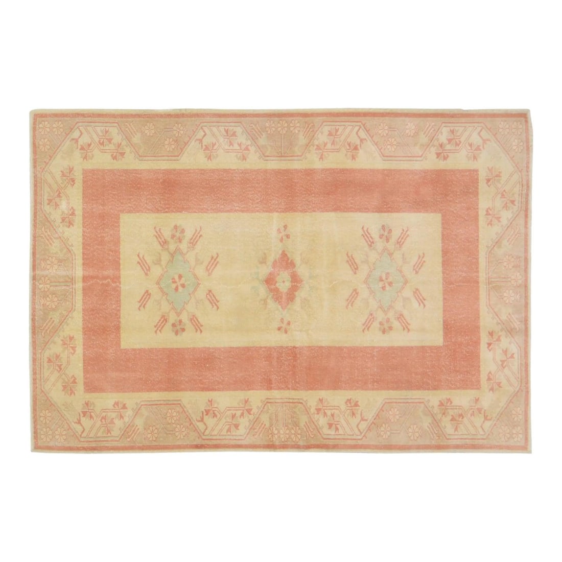 5' x 7'5" Turkish Oushak Wool Rug Hand Knotted Vintage 1960s: 5' x 7'5" Turkish Oushak Wool Rug Hand Knotted Vintage 1960s This vintage Turkish Oushak rug from the 1960s showcases a hand-knotted construction using organic wool. It features natural colors in a co