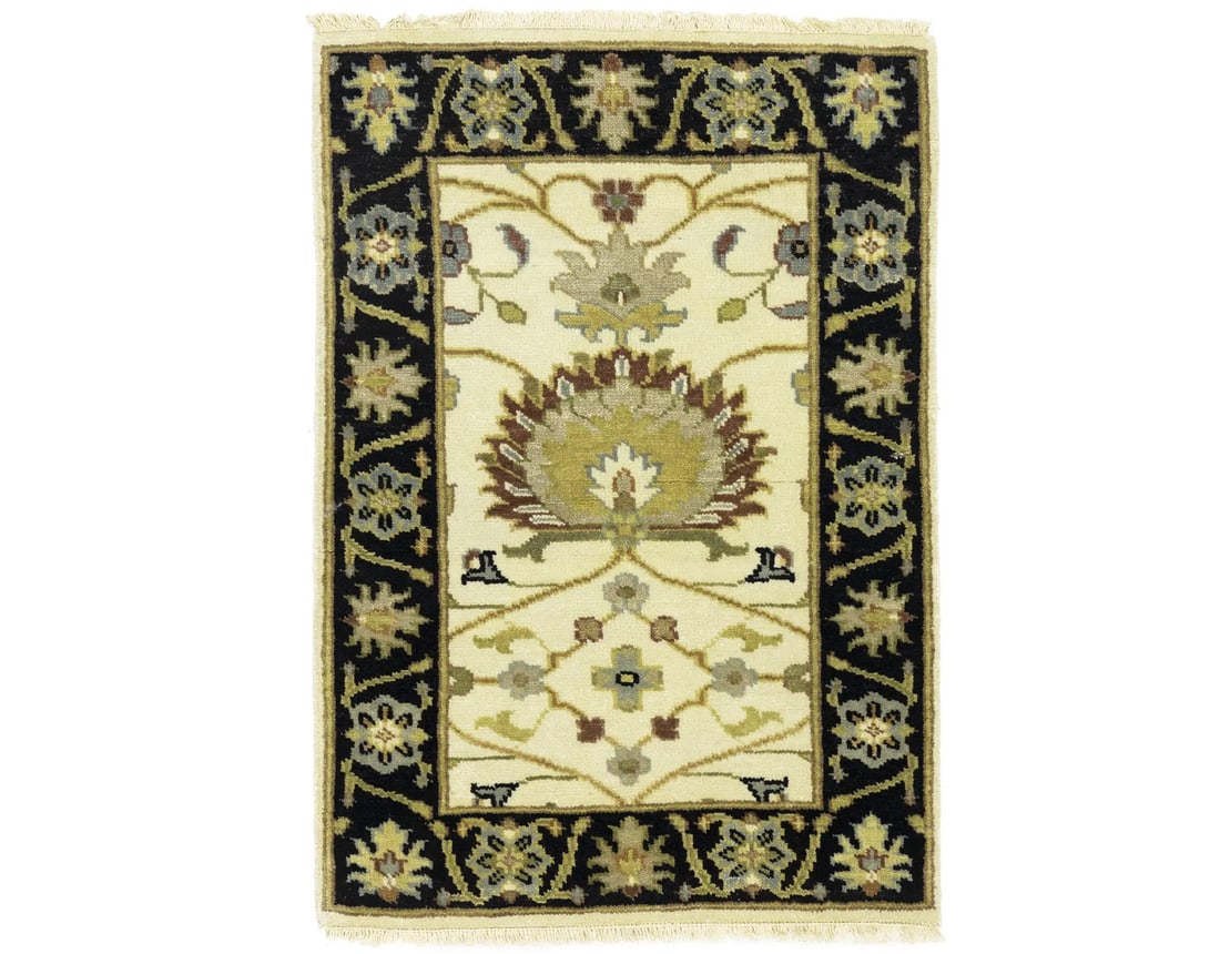 Handmade Floral Oushak Chobi Rug 2X3 ft Cream Wool Carpet: Handmade Floral Oushak Chobi Rug 2X3 ft Cream Wool Carpet Enhance your living space with this Handmade Cream Floral Design Oushak Chobi Rug, a perfect blend of traditional artistry and modern design. 