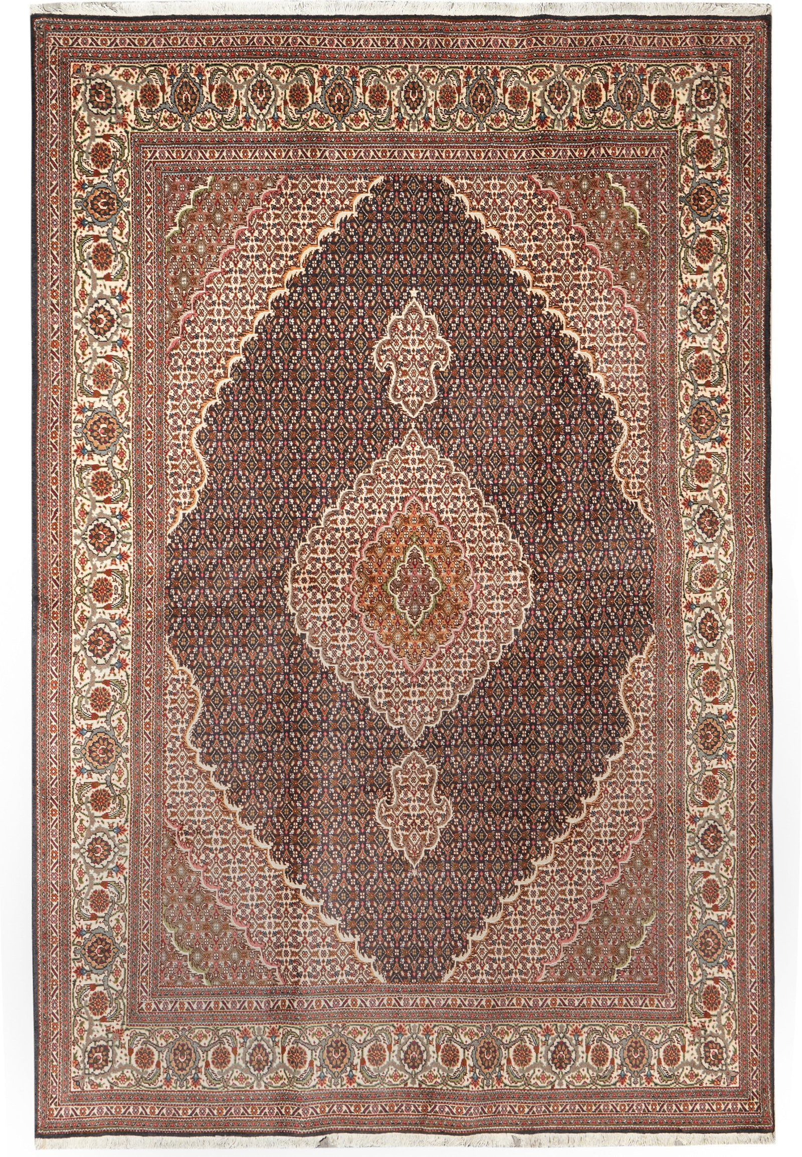 Persian Tabriz Mahi Rug 79 in x 117 in Wool Silk Handmade Iran: Persian Tabriz Mahi Rug 79 in x 117 in Wool Silk Handmade Iran Free continental US Shipping This genuine Persian Tabriz Mahi area rug is handmade in Iran and measures 6.7 x 9.9 ft. It features a hand-