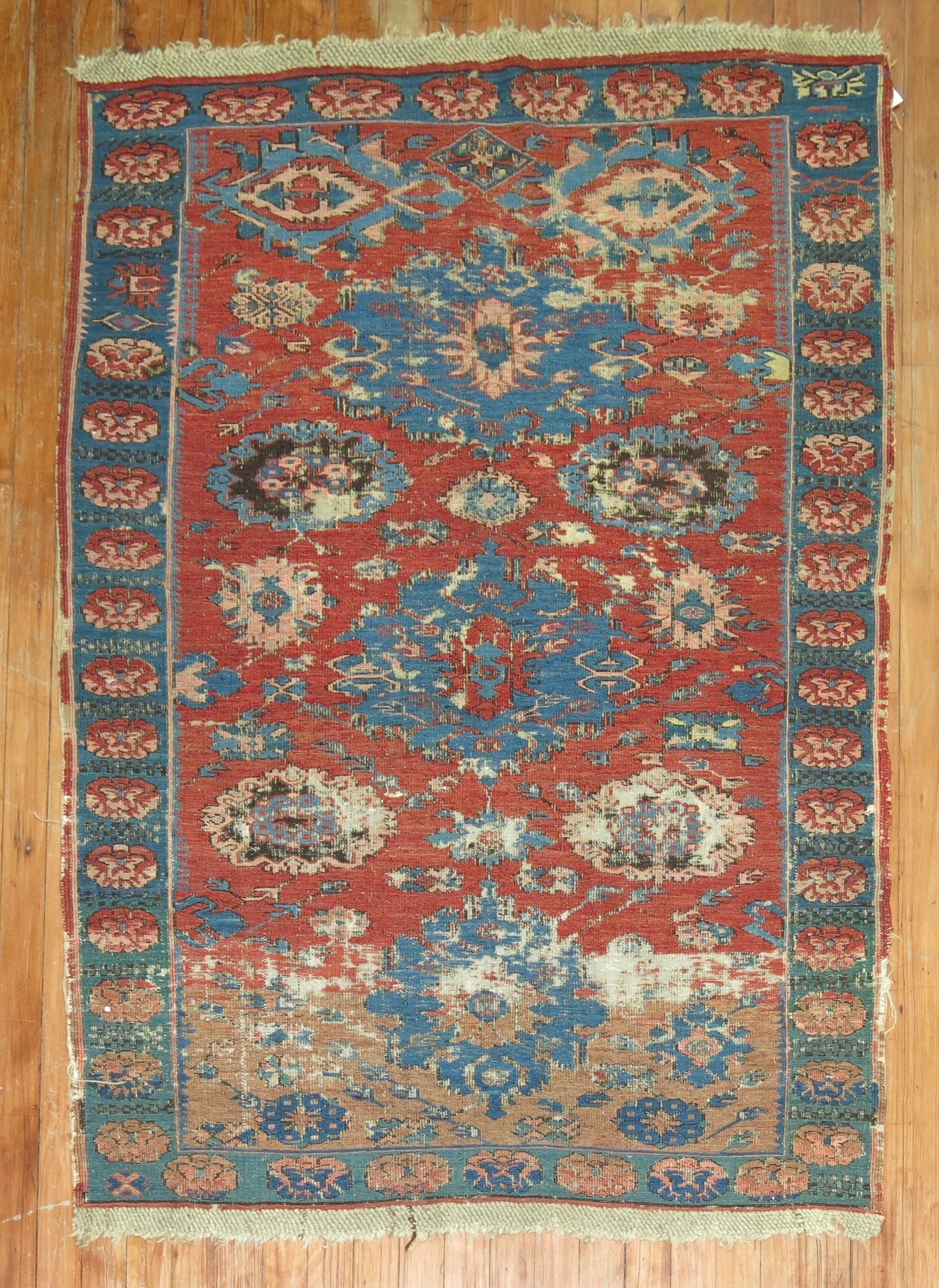 3' 10" x 4' 11" Soumac Flatweave Rug 19th Century: 3' 10" x 4' 11" Soumac Flatweave Rug 19th Century A 19th century worn Soumac flatweave rug with a shabby chic character. This pre-owned piece is categorized as a small, square rug. Specifications Type