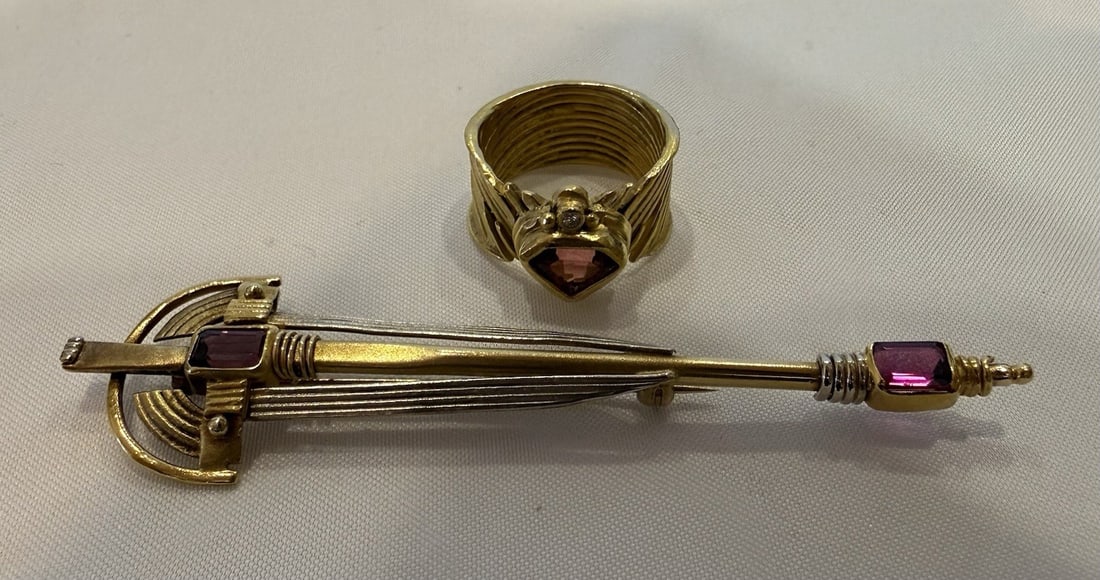 Set of Kaufman High Karat Gold Tourmaline Diamond Ring and Brooch: Set of Kaufman High Karat Gold Tourmaline Diamond Ring and Brooch This exquisite set includes a high karat white and yellow gold ring and brooch, both crafted by Kaufman in the mid-1900s. The ring is 