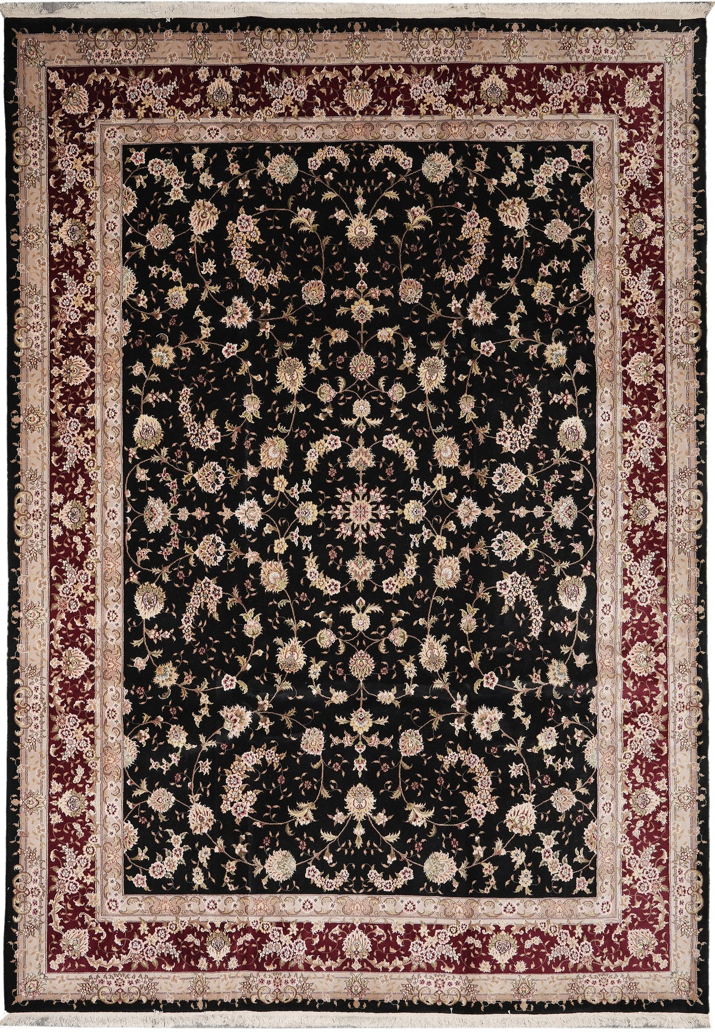 8.9 x 12.3 Handmade Wool and Silk Rug Elegant Black Pakistani Design: 8.9 x 12.3 Handmade Wool and Silk Rug Elegant Black Pakistani Design Free continental US Shipping This elegant rug features a sophisticated handmade design crafted from a luxurious blend of wool and s