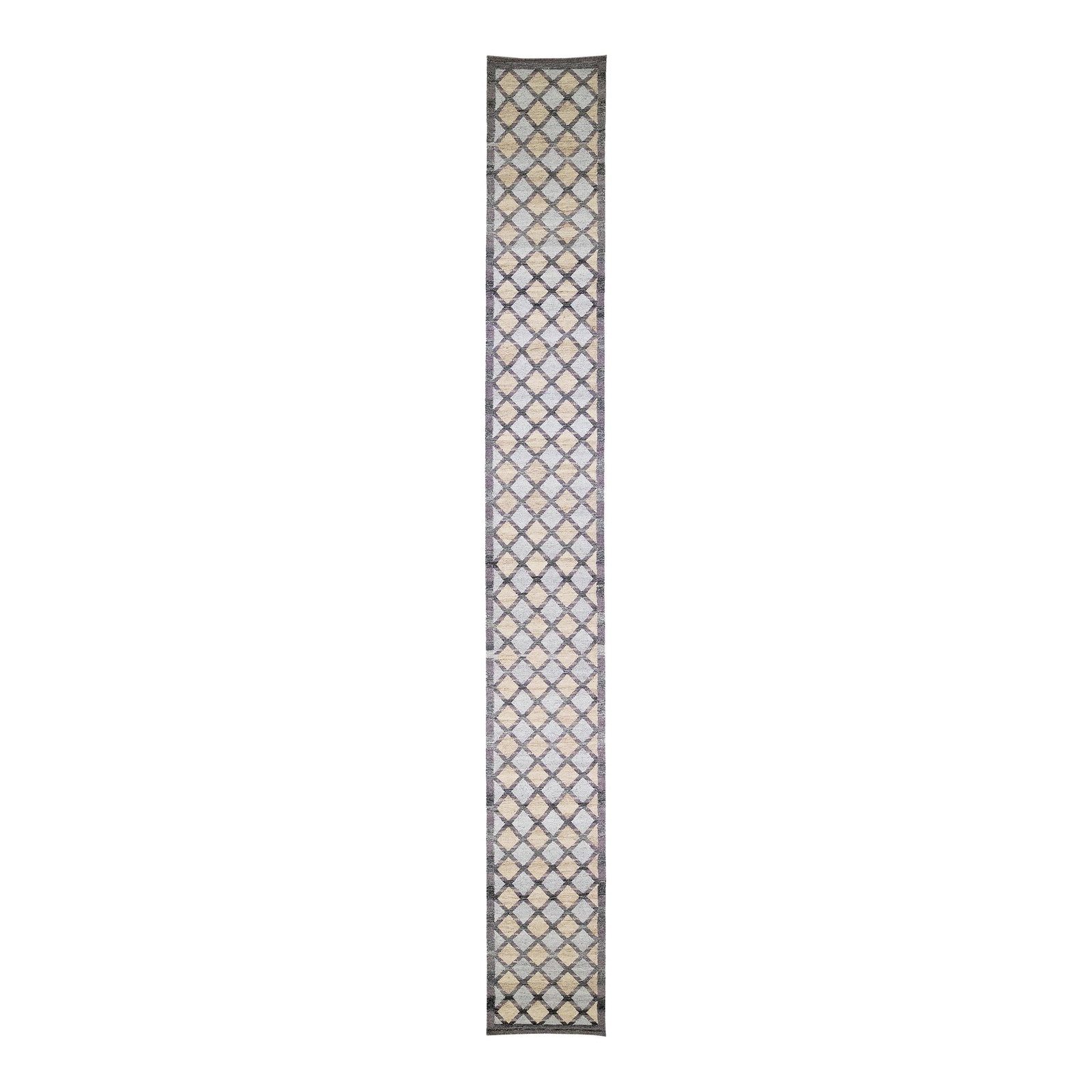 Gray Wool Runner Handmade Swedish Geometric Design 3' x 24'11'': Gray Wool Runner Handmade Swedish Geometric Design 3' x 24'11'' This stunning modern Swedish-style wool runner showcases a sleek gray field adorned with elegant beige and purple accents, accentuating 