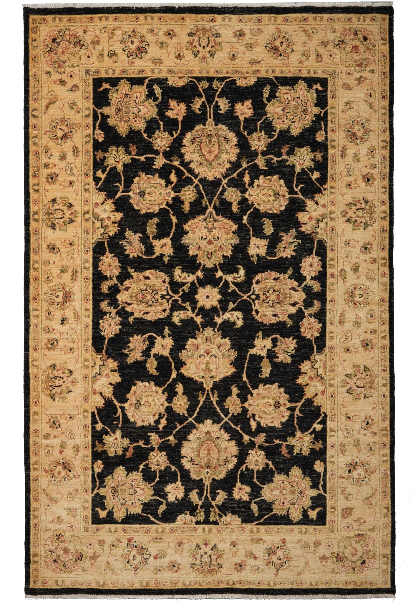 5.8 x 9 Natural Black Wool Chobi Peshawar Rug: 5.8 x 9 Natural Black Wool Chobi Peshawar Rug Free continental US Shipping Hand-knotted Chobi Peshawar rug with a Ziegler-inspired floral pattern on a deep black field. Oversized palmettes, scrolling 