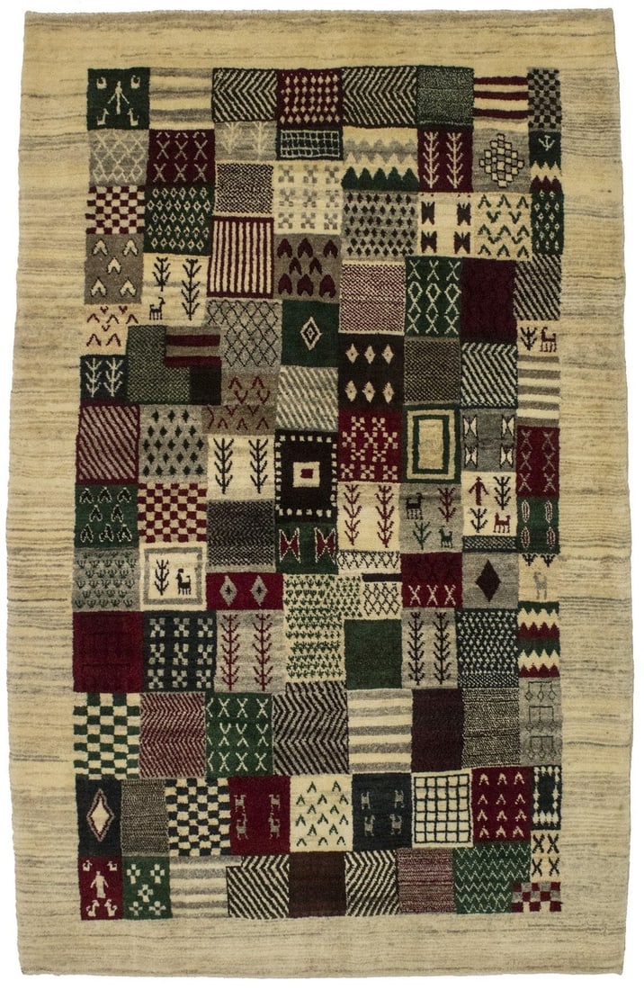 Hand-Knotted Wool Area Rug Modern Tribal Pattern Multicolor 3'8 x 5'10: Hand-Knotted Wool Area Rug Modern Tribal Pattern Multicolor 3'8 x 5'10 This handmade Gabbeh rug features a vibrant tribal design with a checkered pattern, crafted using a hand-knotted technique from w