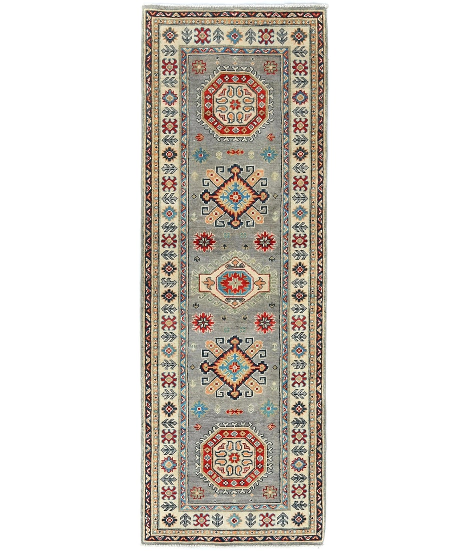 Hand Knotted Wool Kazak Runner 2'9 X 8'0 Geometric Tribal Rug: Hand Knotted Wool Kazak Runner 2'9 X 8'0 Geometric Tribal Rug Enhance your space with this stunning Geometric Tribal Kazak Runner Rug, perfect for adding a touch of modern elegance to your kitchen, ha