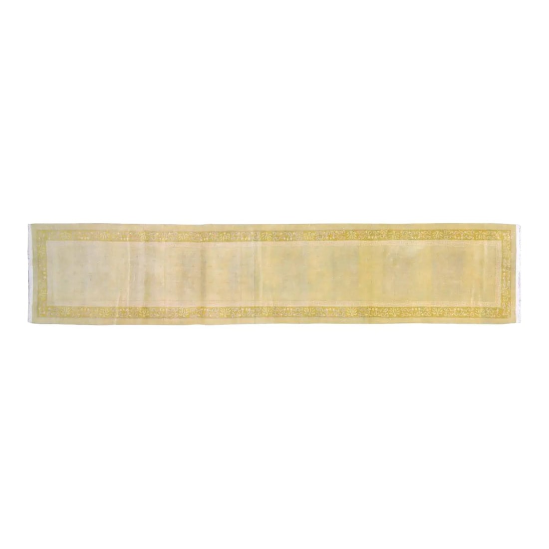 Hand-Knotted Wool Mustard Art Deco Rug 3'1'' x 15'6'': Hand-Knotted Wool Mustard Art Deco Rug 3'1'' x 15'6'' This vintage Chinese Art Deco rug is hand-knotted from wool using traditional rug-making techniques. The rug features a rich mustard color and a s