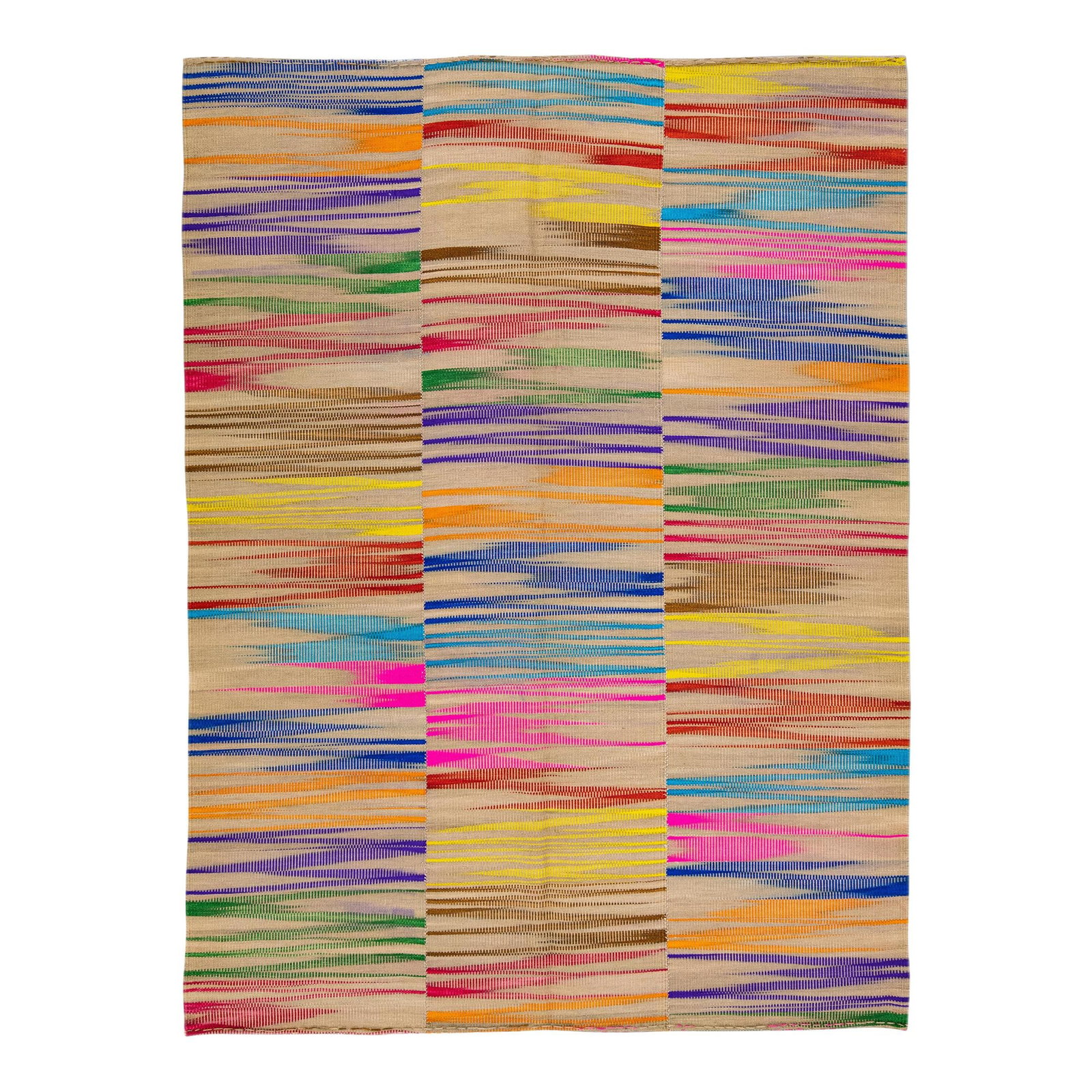 Modern Kilim Multicolor Abstract Wool Rug 7' x 9'5: Modern Kilim Multicolor Abstract Wool Rug 7' x 9'5 Enhance your living space with this stunning modern Kilim flat-weave wool rug featuring a tan field. The rug showcases a vibrant multicolor accent, s