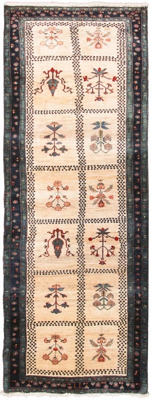Signed Vintage Wool Tribal Geometric Runner 3x8 Handmade: Signed Vintage Wool Tribal Geometric Runner 3x8 Handmade This is an original, signed vintage Persian Kashkuli runner rug, hand-knotted from wool and dating to the mid-20th century. Measuring 3'1" x 8'