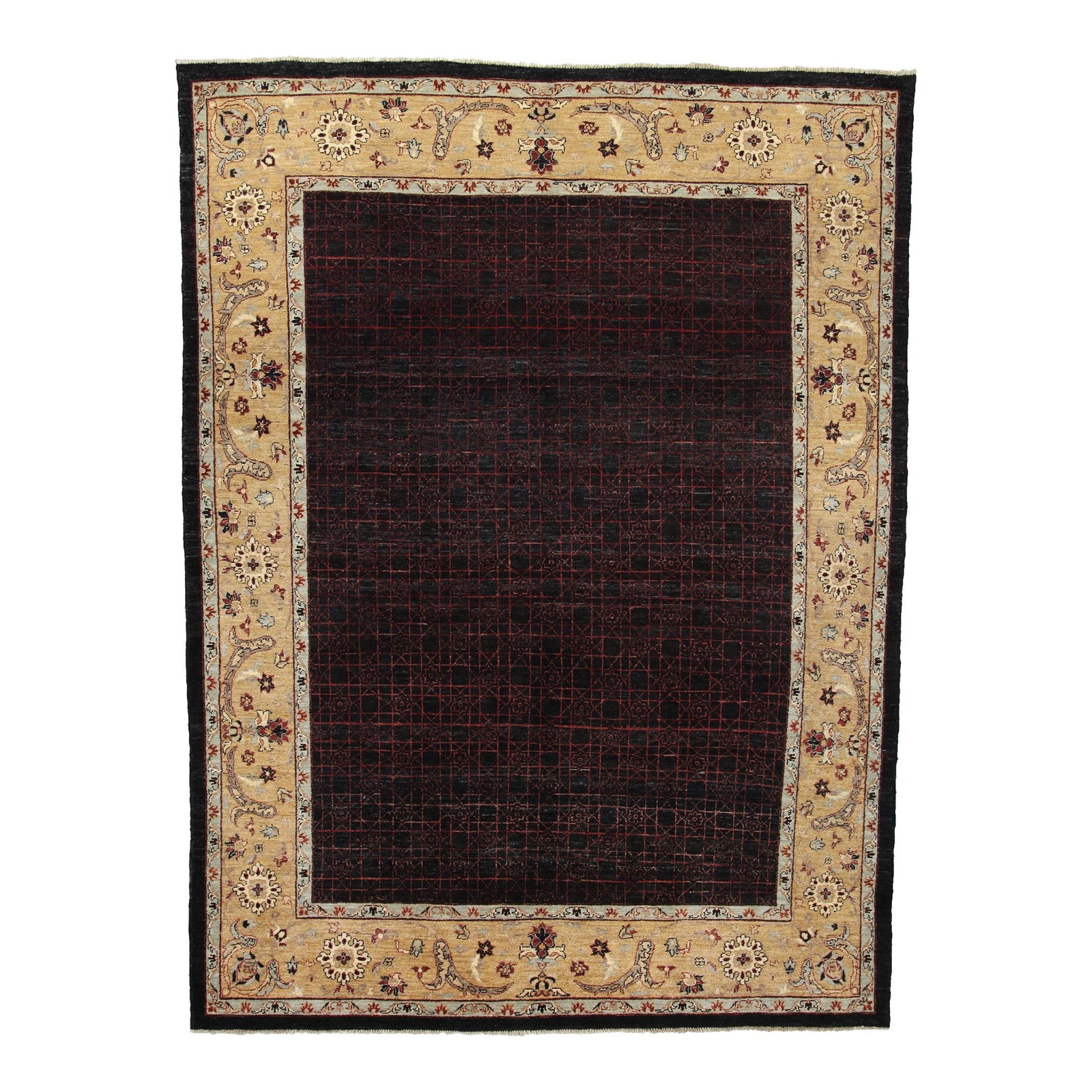 Handmade Peshawar Wool Rug 9' x 12' Charcoal with Geometric Design: Handmade Peshawar Wool Rug 9' x 12' Charcoal with Geometric Design Enhance your living space with this stunning 9' x 12' handmade Peshawar wool rug, featuring a sophisticated charcoal field elegantly 