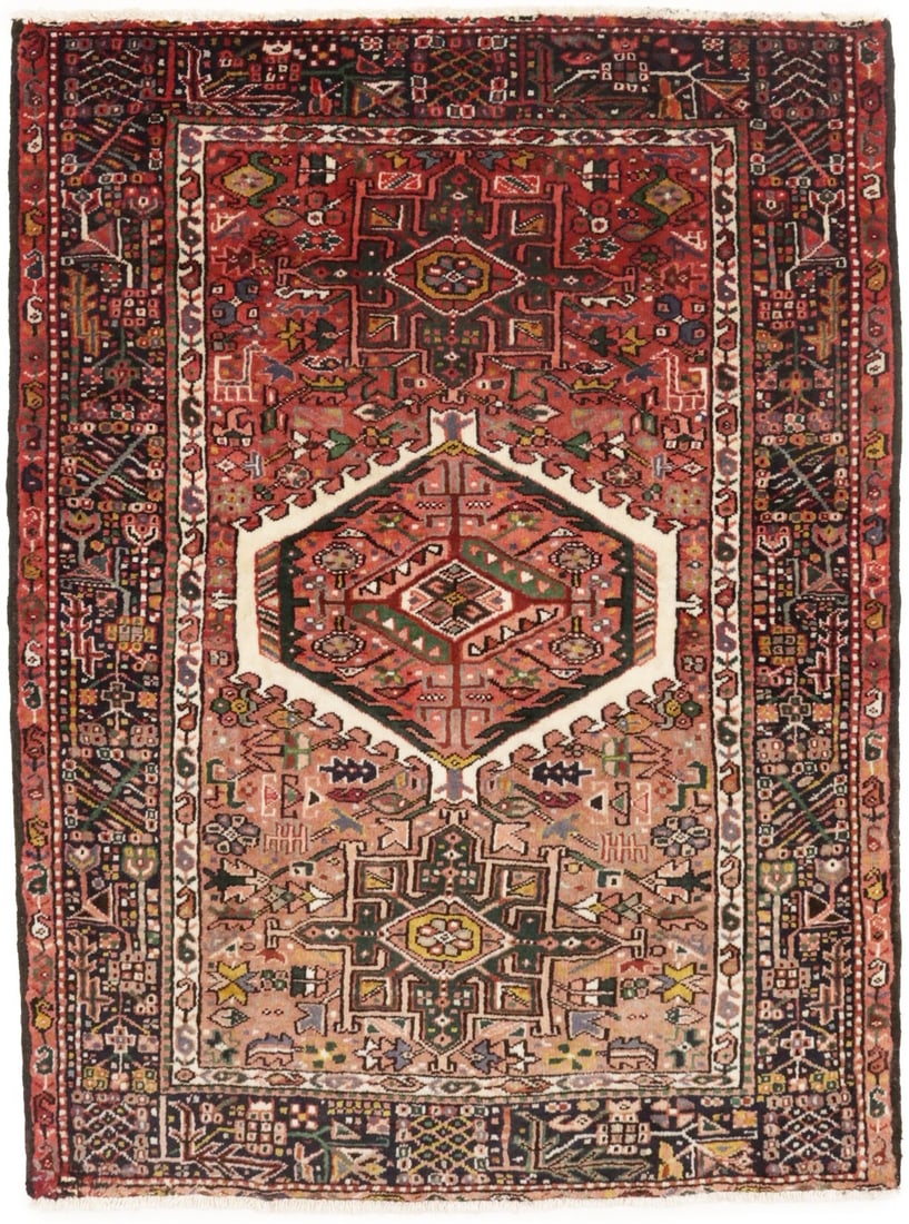Vintage Hand-Knotted Oriental Rug 4x5 ft Geometric Wool Tribal Design: Vintage Hand-Knotted Oriental Rug 4x5 ft Geometric Wool Tribal Design Enhance your living space with this stunning hand-knotted vintage Oriental rug, featuring a muted color palette of rusty red, rust