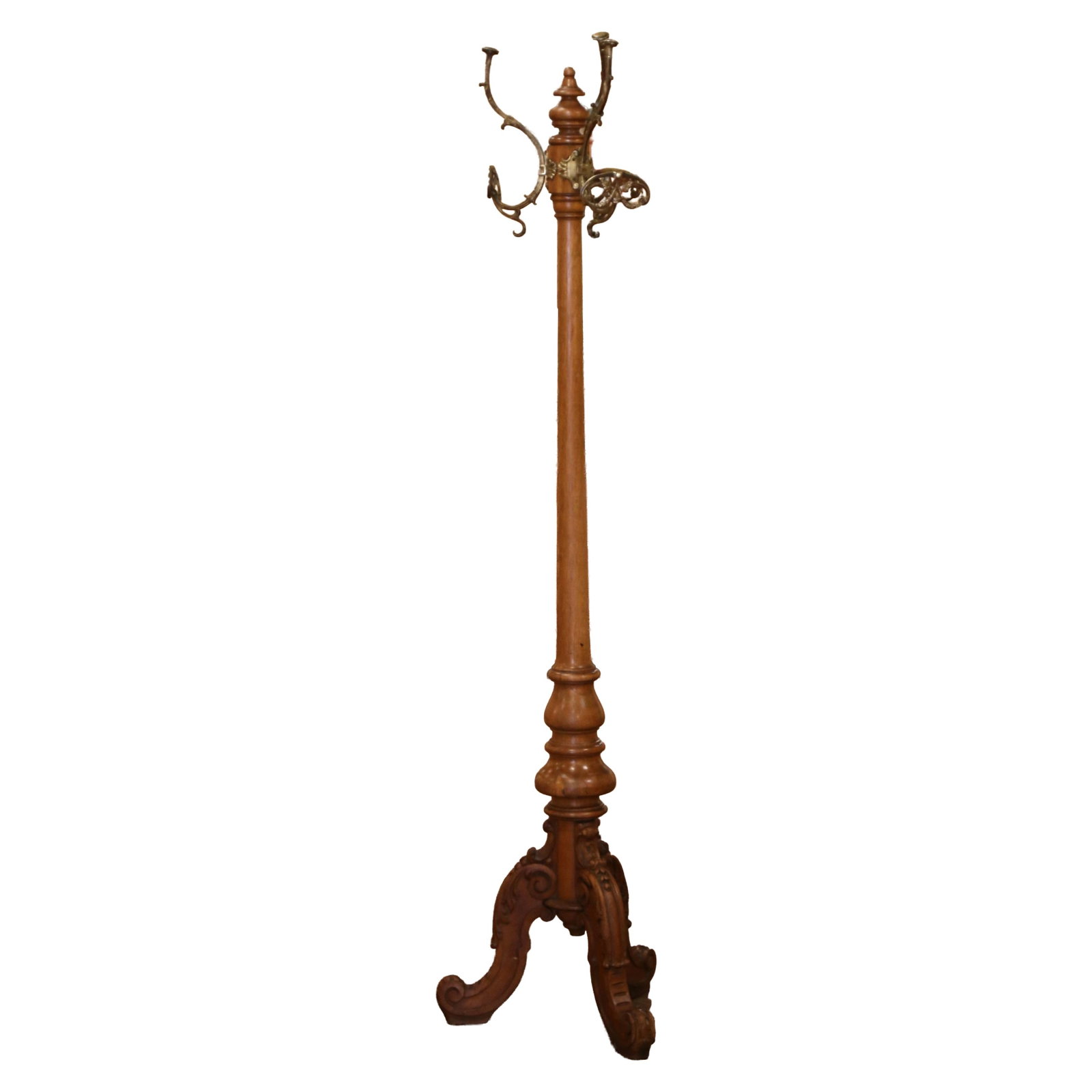 French Oak Hall Tree with Gilt Metal Hooks 76 in: French Oak Hall Tree with Gilt Metal Hooks 76 in French freestanding hall tree coat rack crafted in oak with gilt metal mounts and hand-carved details. The design features a turned central standard, a