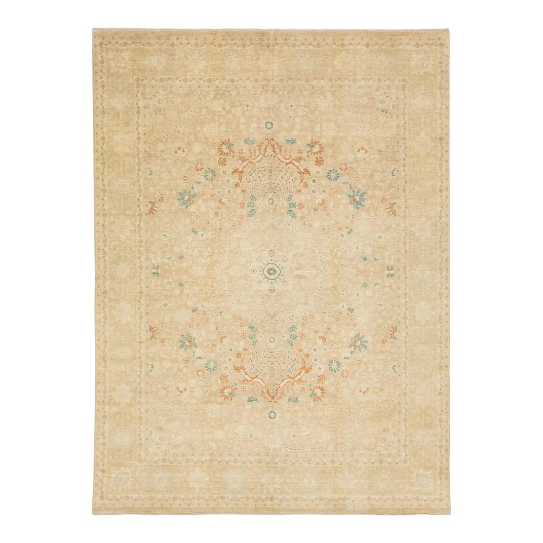 9' x 12' Beige Wool Kafkaz Rug With Medallion and Floral Motifs: 9' x 12' Beige Wool Kafkaz Rug With Medallion and Floral Motifs This modern handmade Kafkaz rug from Pakistan is hand-knotted in wool and features a soft beige field adorned with a delicate medallion 