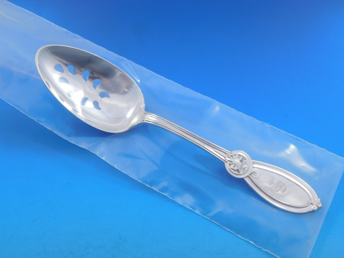 Wendt Union Sterling Silver Slotted Serving Spoon Pierced 8 1/4: Wendt Union Sterling Silver Slotted Serving Spoon Pierced 8 1/4 Sterling silver pierced serving spoon in the Union pattern by Wendt. This custom-made slotted spoon features a 9-hole pierced bowl and a
