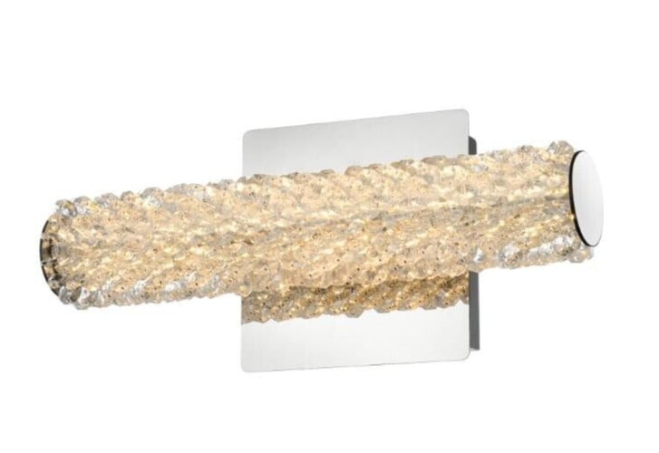 12 in Crystal LED Wall Sconce Bowen Chrome: 12 in Crystal LED Wall Sconce Bowen Chrome Modern crystal wall sconce light fixture with a chrome plated finish, designed for indoor use in bathrooms, hallways, and other living spaces. It features cl
