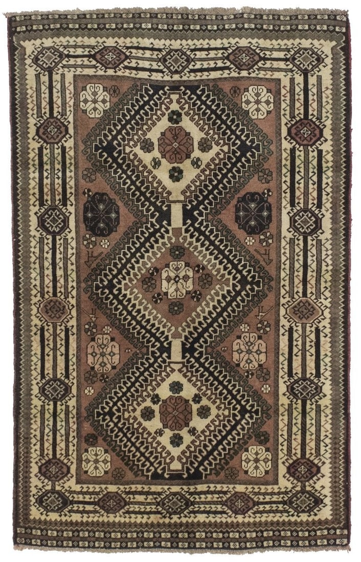 Hand-Knotted Wool Tribal Area Rug 6'5 x 4' Vintage Geometric Pattern: Hand-Knotted Wool Tribal Area Rug 6'5 x 4' Vintage Geometric Pattern This vintage hand-knotted area rug from Western Asia features a muted color palette with shades of rusty brown, beige, tan, olive, 