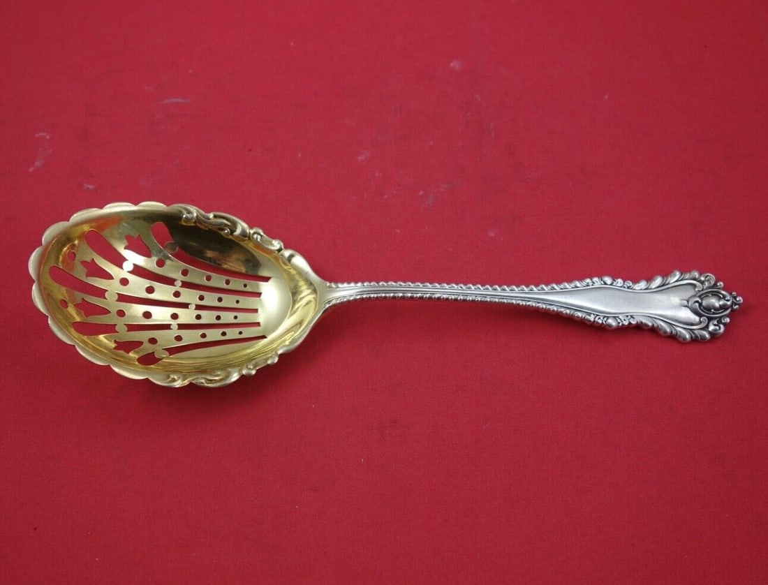 Dominick and Haff Mazarin sterling silver ice spoon gold washed 9 inch: Dominick and Haff Mazarin sterling silver ice spoon gold washed 9 inch This exquisite ice spoon is crafted in the elegant Mazarin pattern by Dominick & Haff. Made of high-quality sterling silver and f