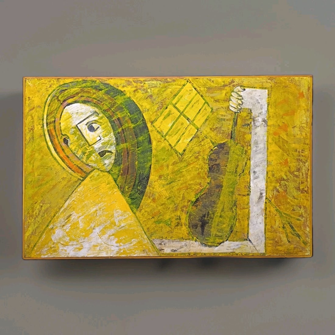 Framed Original Oil Painting on Canvas Cubist Abstract 30 x 48 Signed: Framed Original Oil Painting on Canvas Cubist Abstract 30 x 48 Signed Original post-war abstract Cubist oil painting on canvas depicting a girl holding a violin with an outstretched arm. The work is f