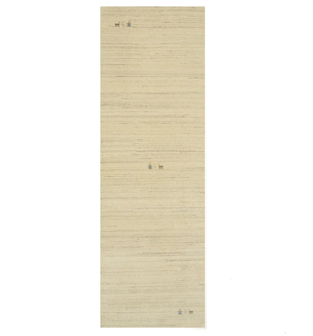 Gabbeh Wool Runner Rug 2'7 x 8'1 Oatmeal Modern Tribal: Gabbeh Wool Runner Rug 2'7 x 8'1 Oatmeal Modern Tribal This is a modern Gabbeh runner rug featuring an oatmeal color and a distinctive tribal pictorial design. Hand-loomed from wool, this rectangular 