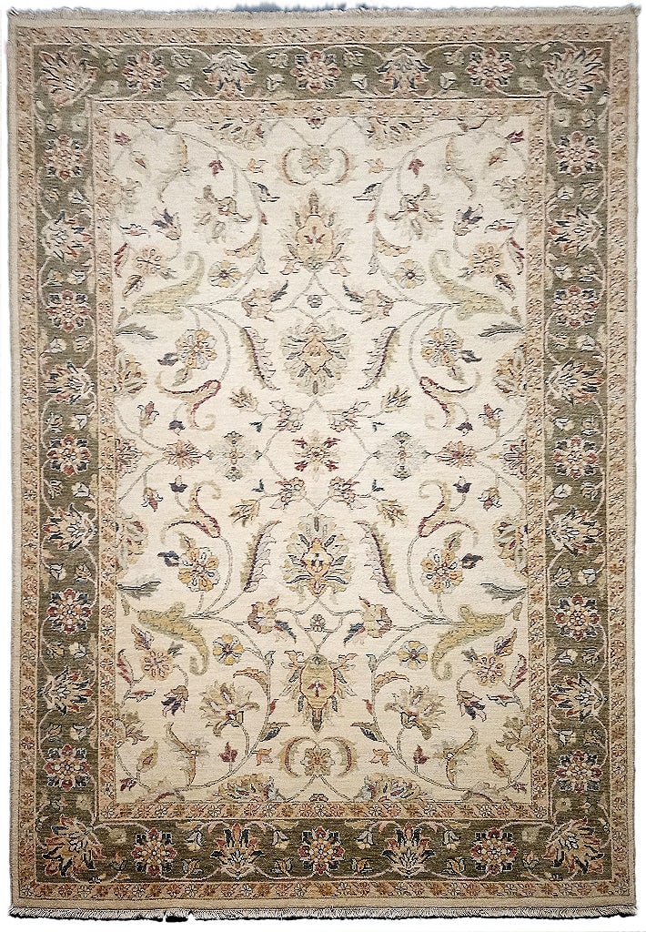 5.6 x 8 Handmade Cream Chobi Rug with Floral Patterns: 5.6 x 8 Handmade Cream Chobi Rug with Floral Patterns Free continental US Shipping Introduce an air of sophistication to your living space with this 5.6' x 8' Cream Vegetable Dyed Chobi Rug. Expertly 